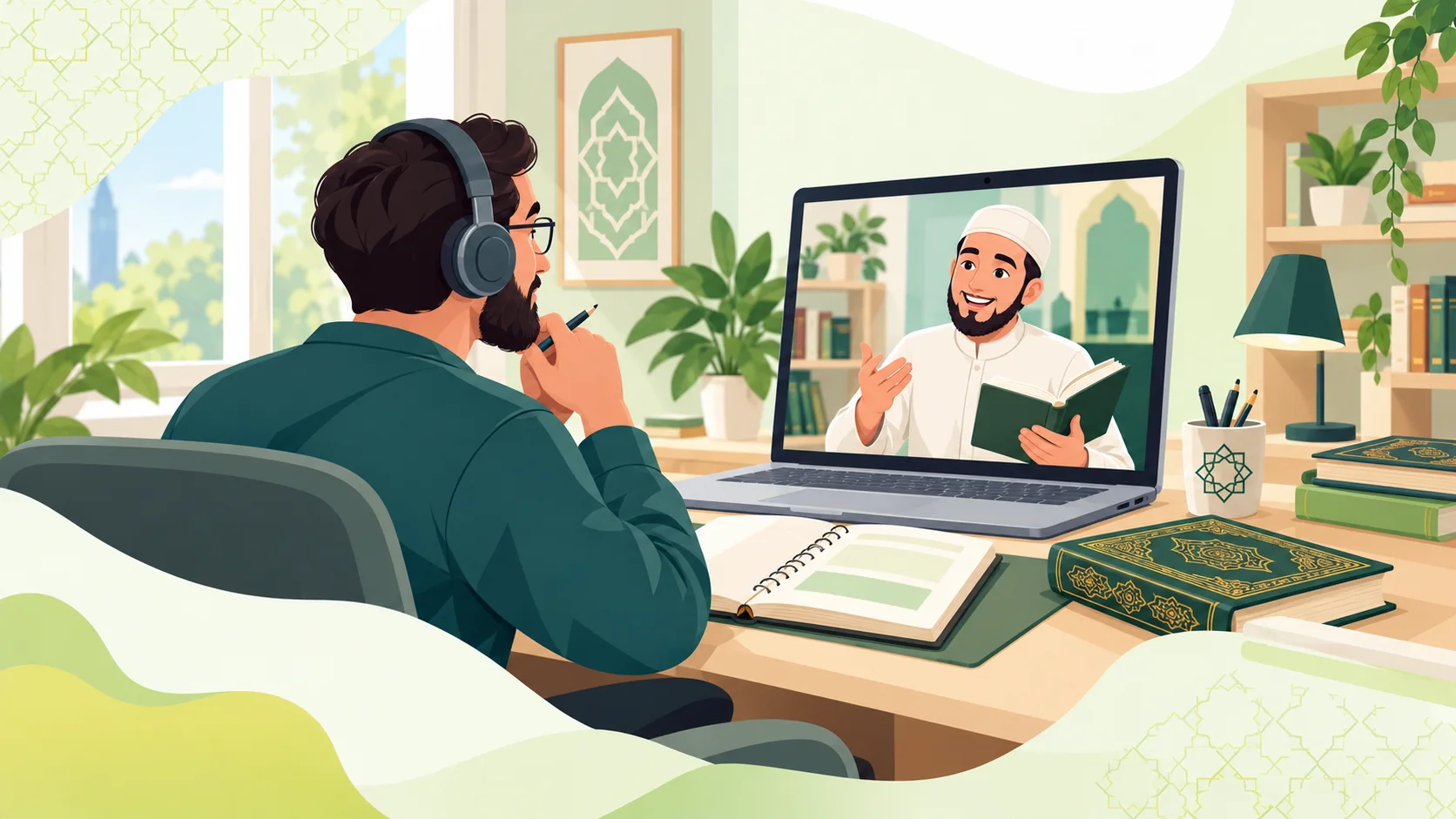 10 Quran Qirat Course Online in the United States: illustration of an advanced Quran learner studying Qirat with an online specialist tutor