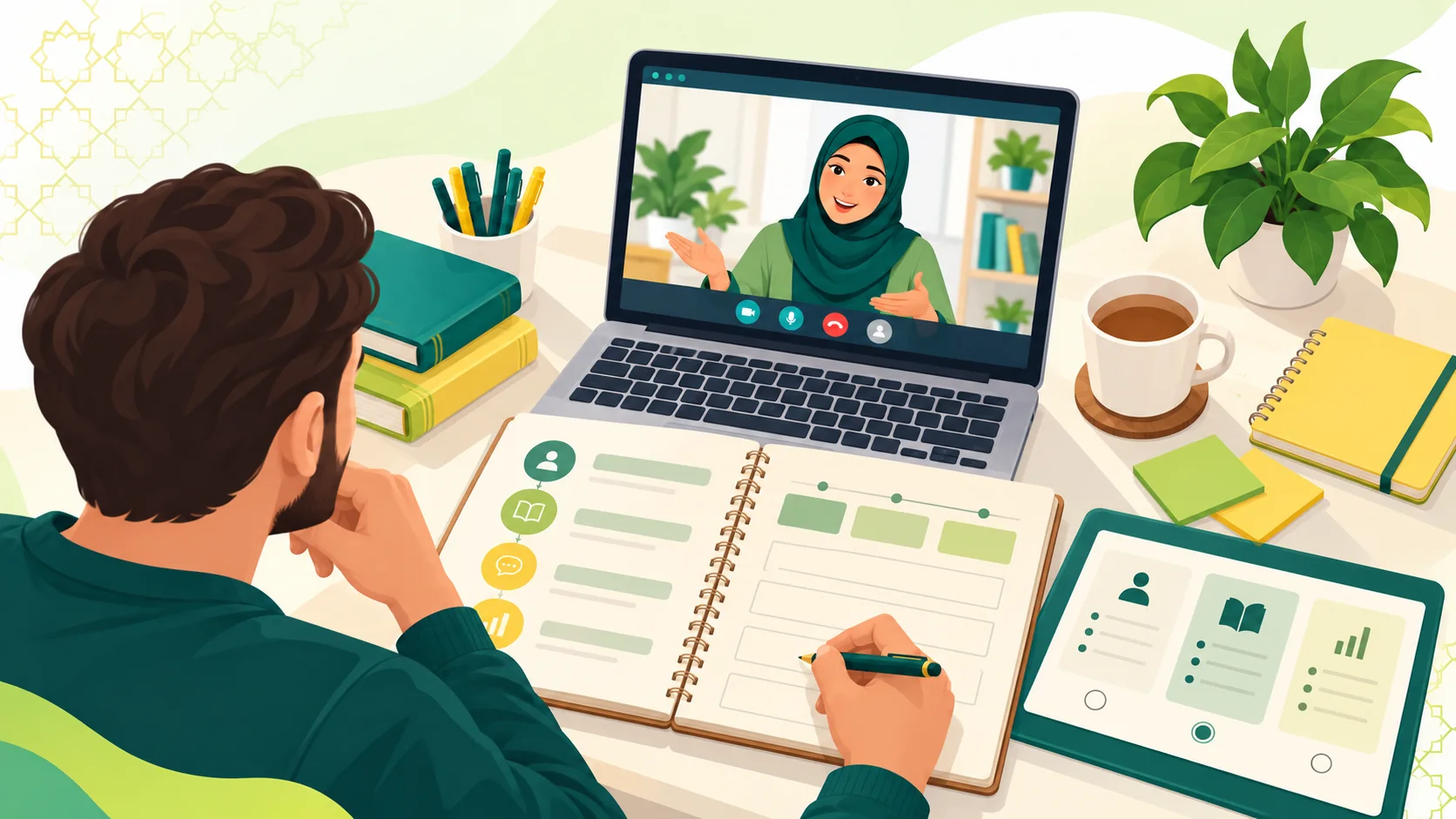 Arabic Academy For Non Native Speakers in the United States: illustration of an adult learner comparing an online Arabic study plan with a live tutor