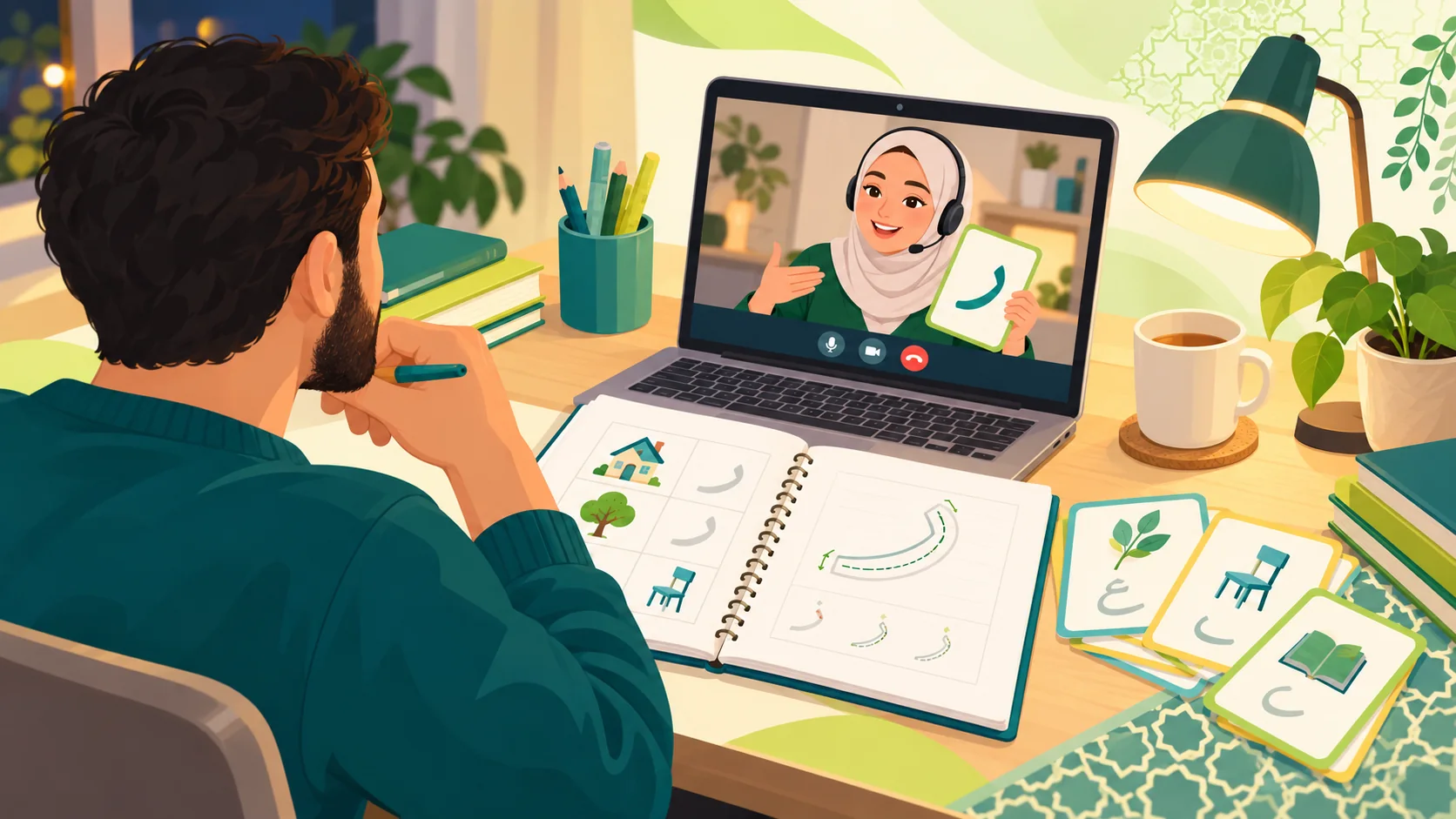Arabic Classes For Adults Online in the United Kingdom: illustration of an adult learner comparing an online Arabic study plan with a live tutor