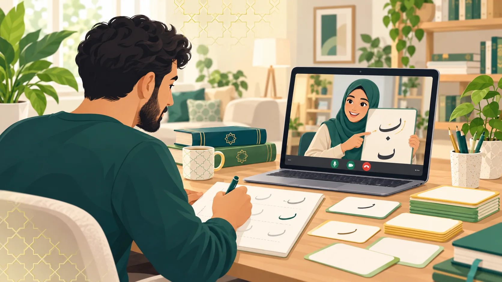Arabic Classes For Beginners in the United Kingdom: illustration of a beginner learner building Arabic script and language foundations with a tutor