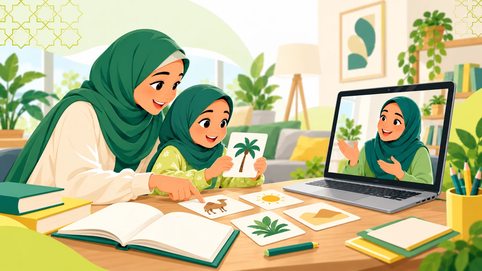 Arabic Classes For Kids Online in the United States: illustration of a child learning Arabic with an age-appropriate activity, parent support and an online tutor