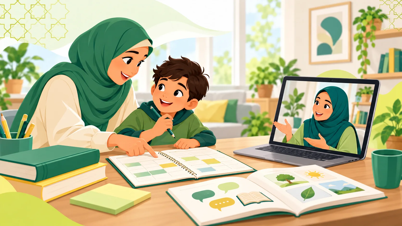 Arabic Classes For Kids in the United Kingdom: illustration of a child learning Arabic with an age-appropriate activity, parent support and an online tutor