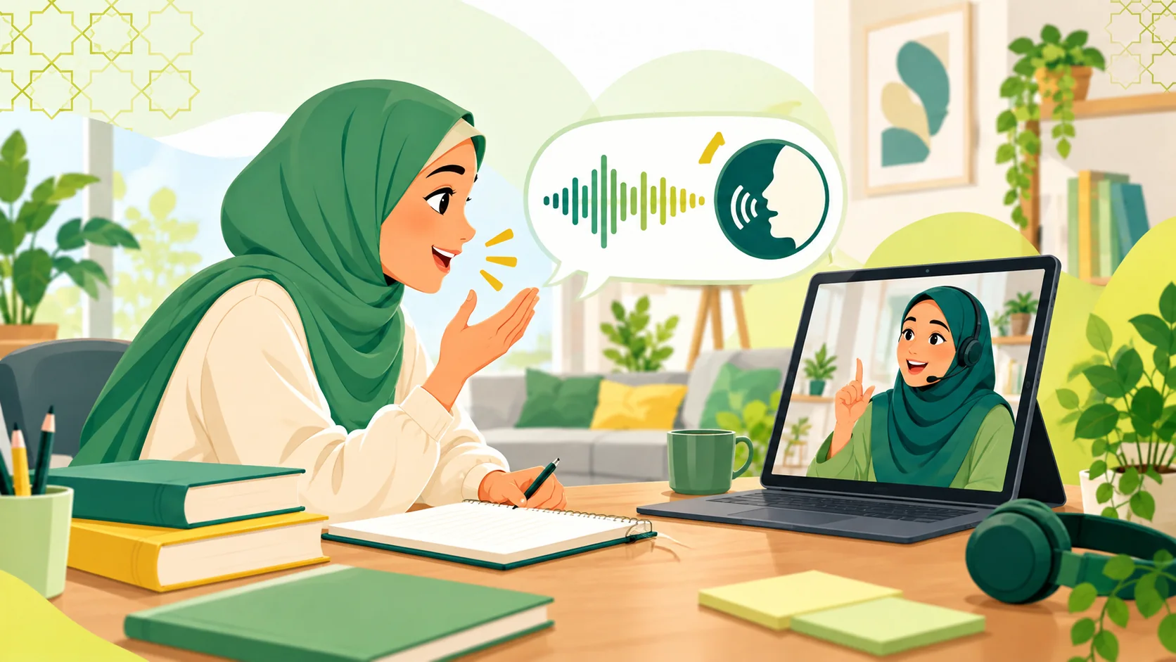 Arabic Classes For Non Native Speakers in the United Kingdom: illustration of an adult learner comparing an online Arabic study plan with a live tutor