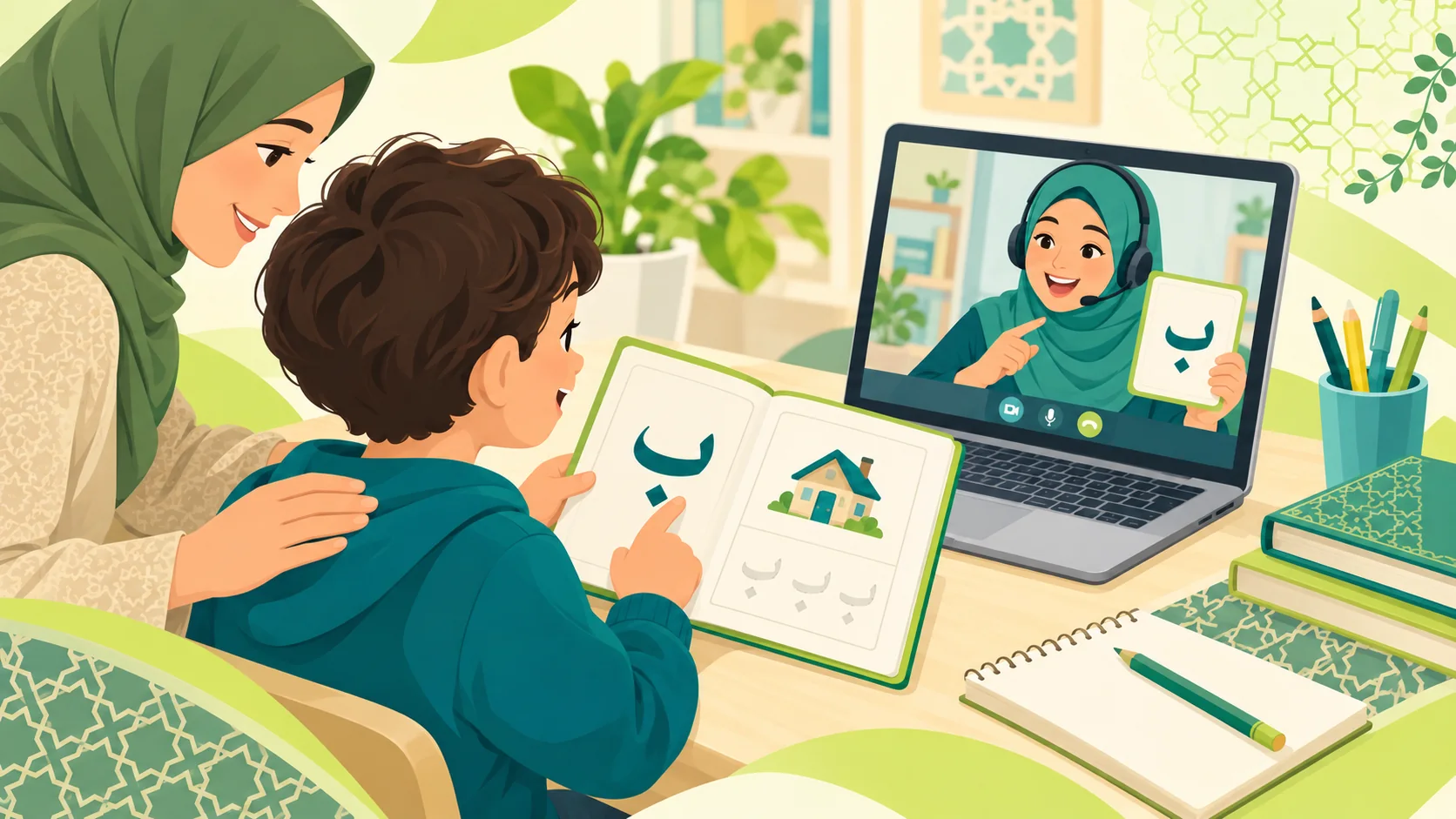 Arabic Course For Kids in the United Kingdom: illustration of a child learning Arabic with an age-appropriate activity, parent support and an online tutor