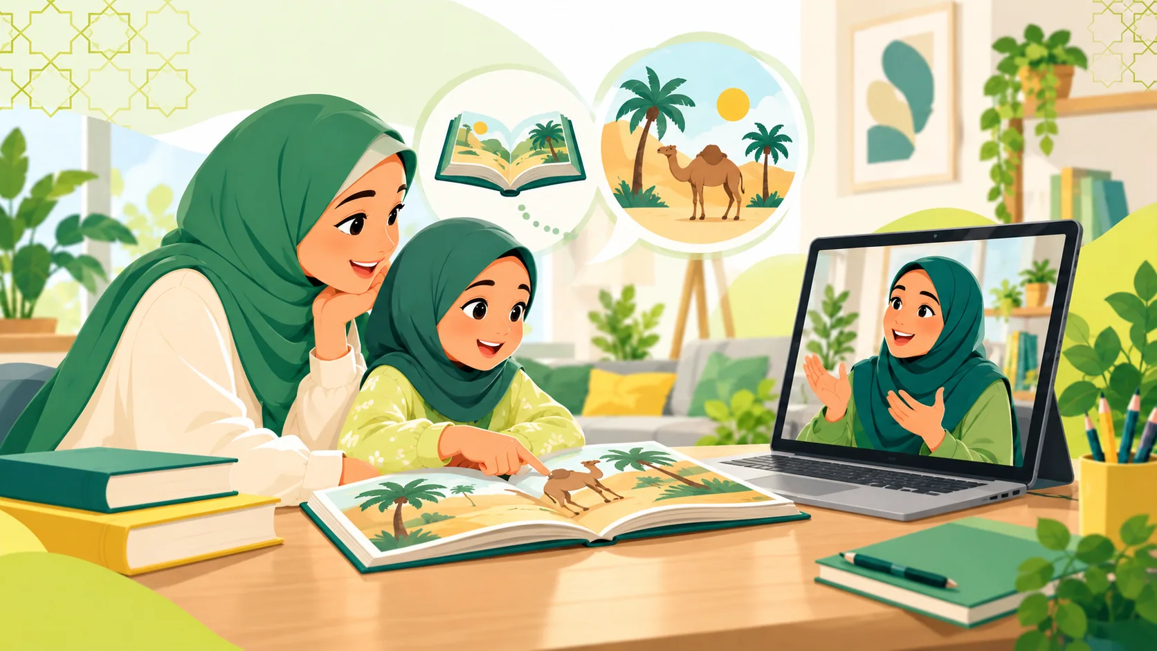 Arabic Courses For Children in the United Kingdom: illustration of a child learning Arabic with an age-appropriate activity, parent support and an online tutor