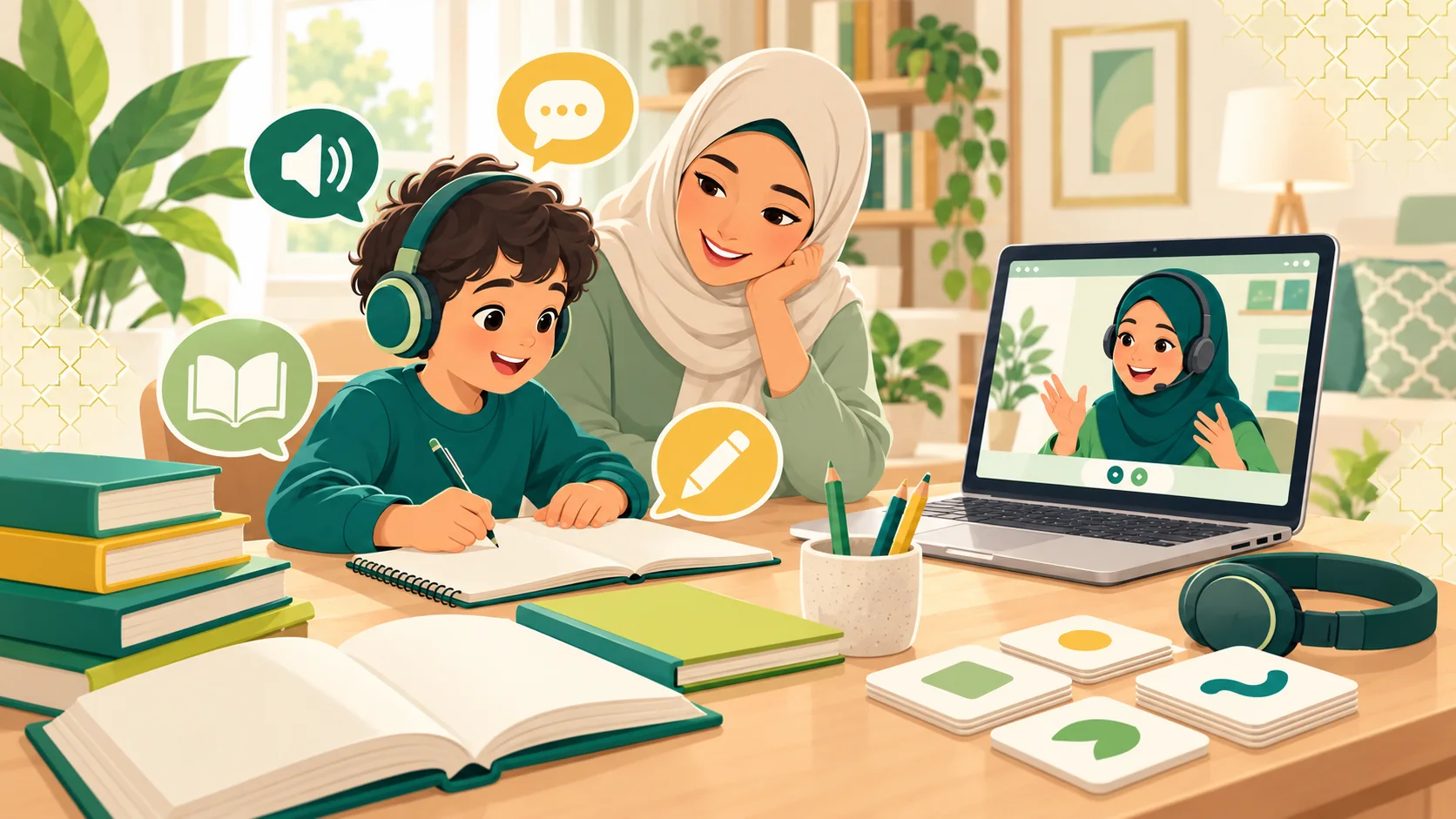 Arabic Courses For Kids Online in the United States: illustration of a child learning Arabic with an age-appropriate activity, parent support and an online tutor