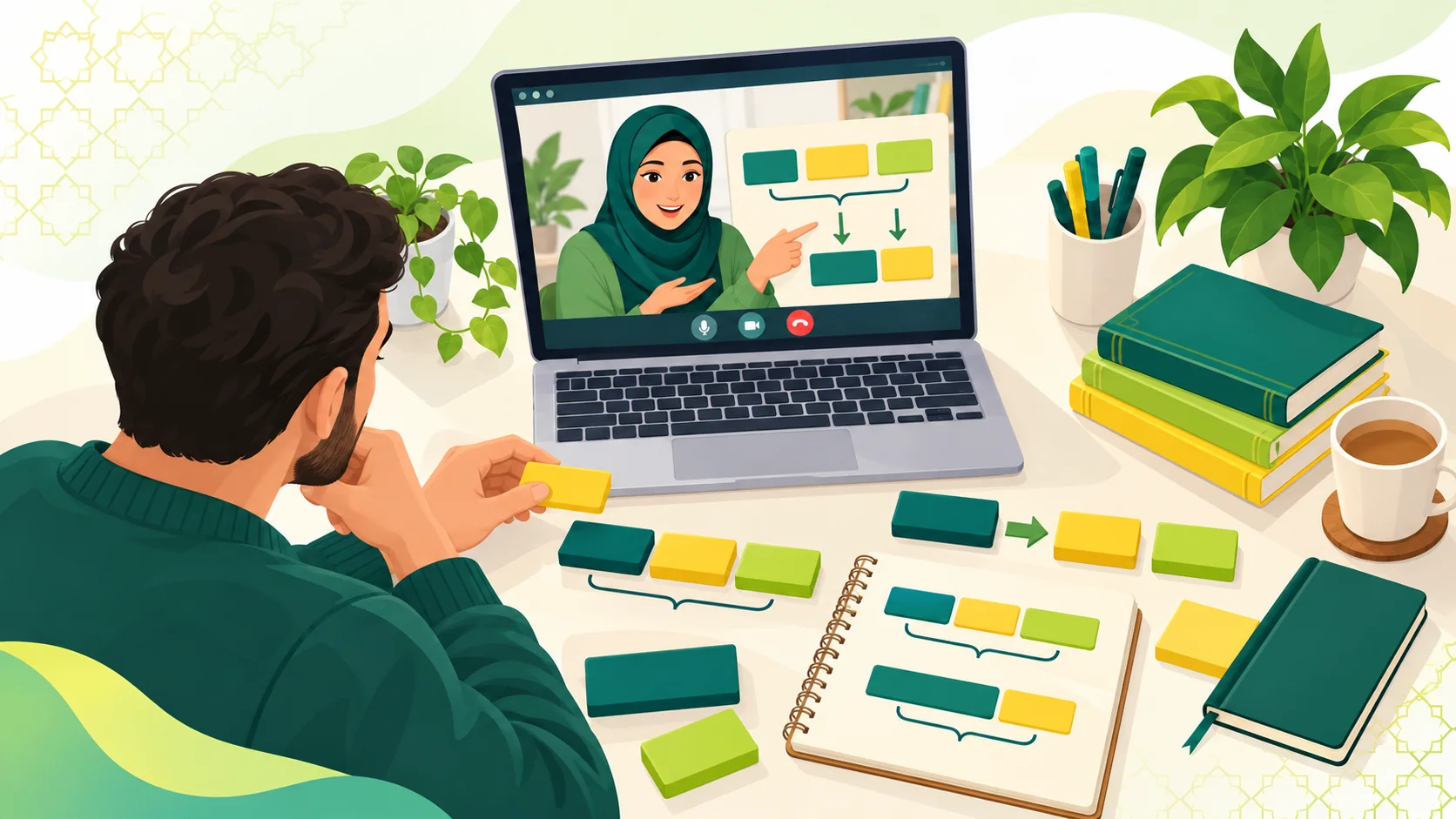 Arabic Grammar Classes Online in the United States: illustration of an adult learner exploring Arabic sentence structure with tutor feedback and study notes