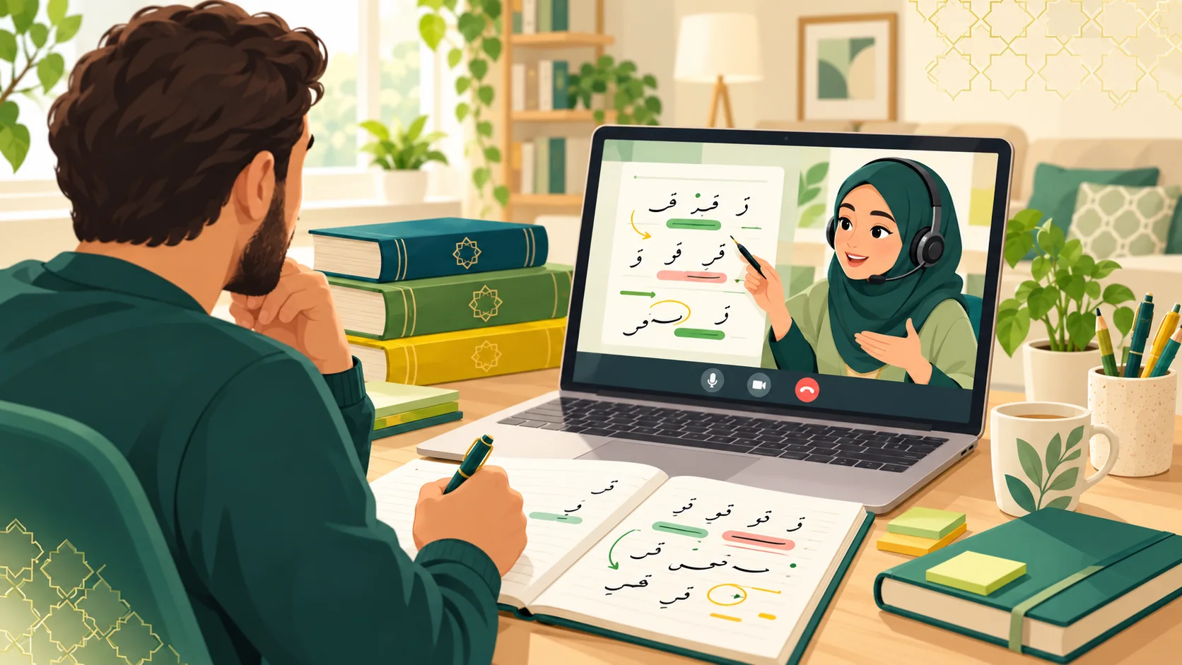 Arabic Grammar Classes in the United Kingdom: illustration of an adult learner exploring Arabic sentence structure with tutor feedback and study notes