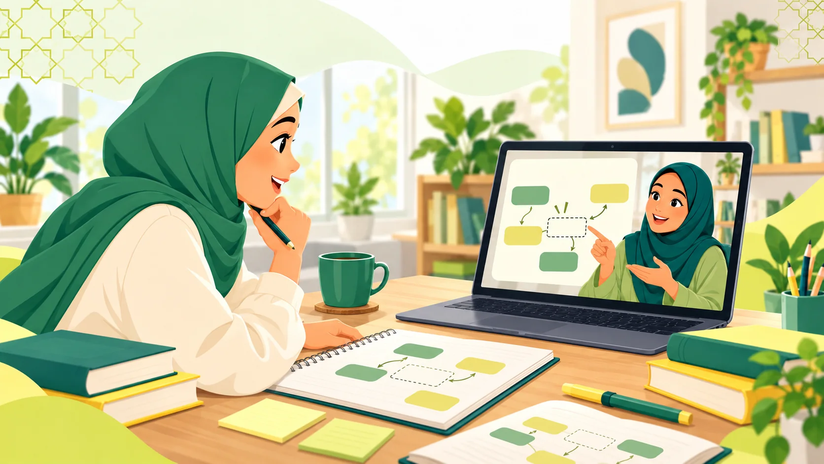 Arabic Grammar Course Online in the United Kingdom: illustration of an adult learner exploring Arabic sentence structure with tutor feedback and study notes