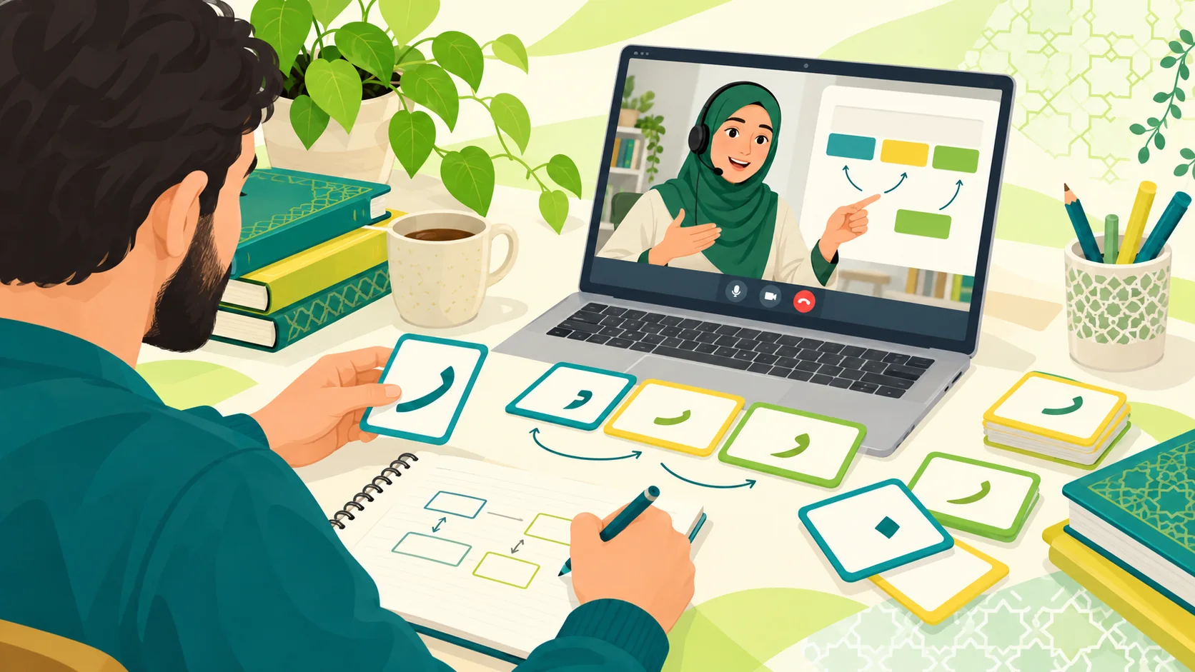 Arabic Grammar Course in the United Kingdom: illustration of an adult learner exploring Arabic sentence structure with tutor feedback and study notes