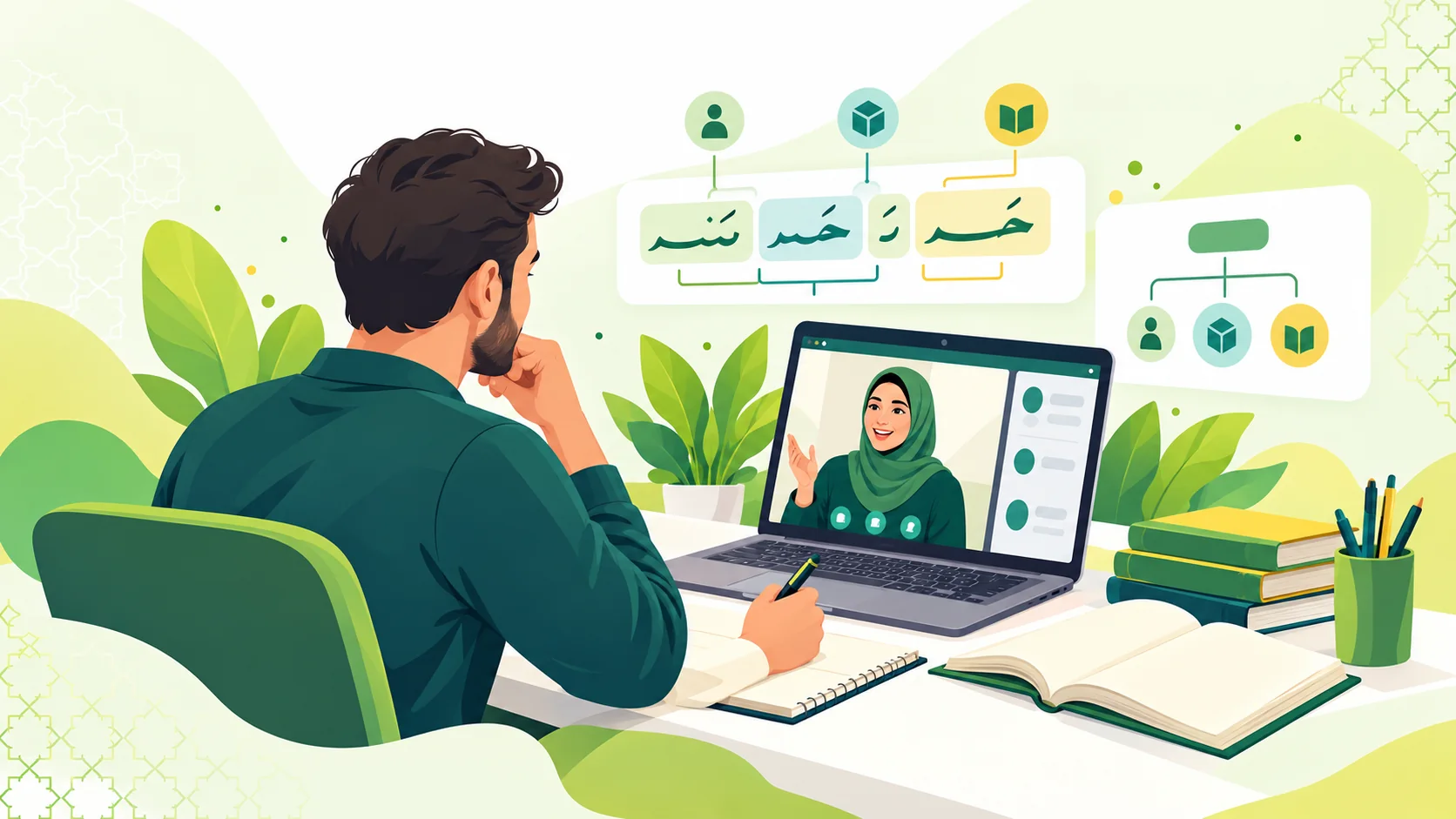 Arabic Grammar Lessons Online in the United States: illustration of an adult learner exploring Arabic sentence structure with tutor feedback and study notes