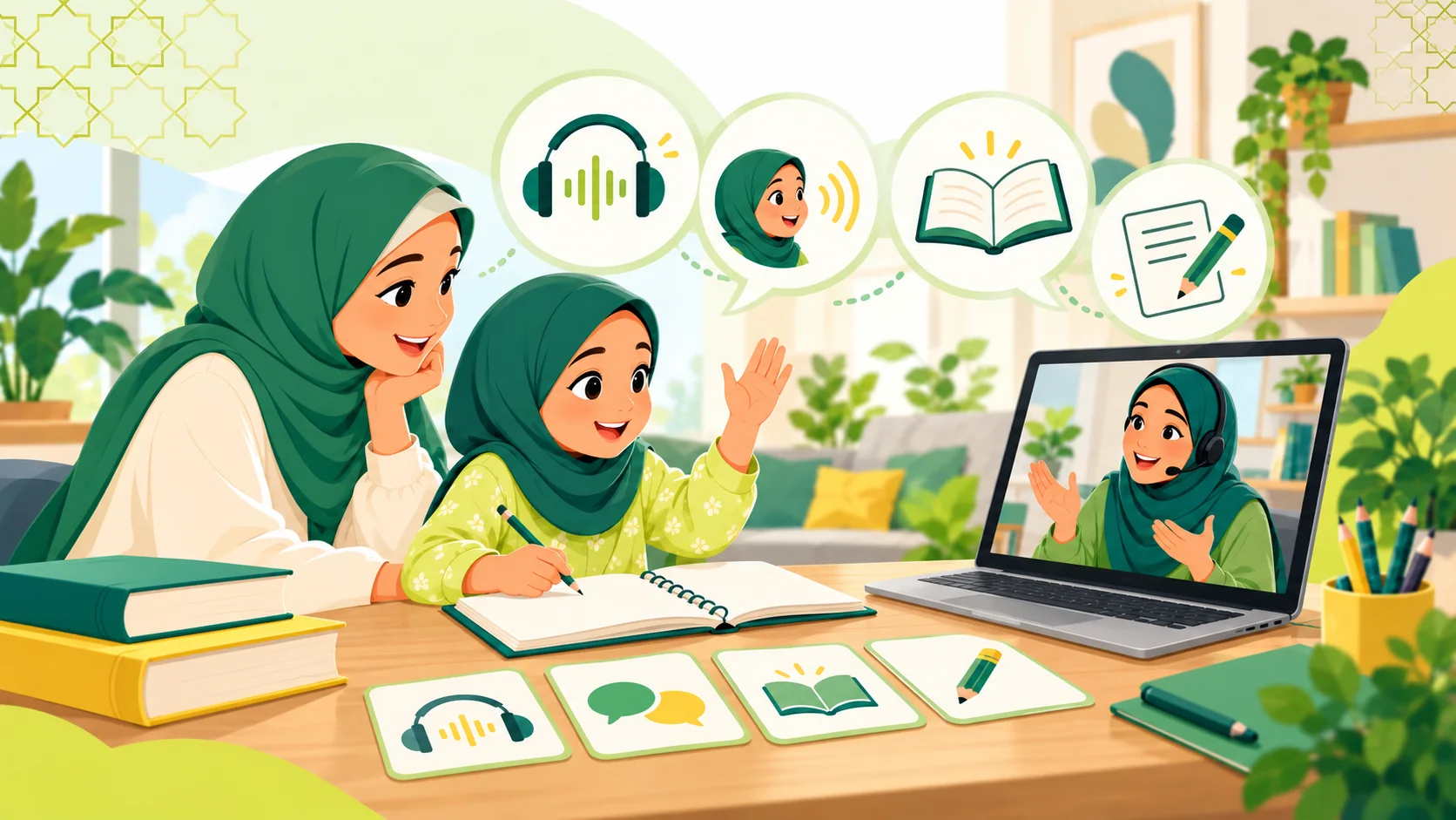 Arabic Language Classes For Kids in the United States: illustration of a child learning Arabic with an age-appropriate activity, parent support and an online tutor