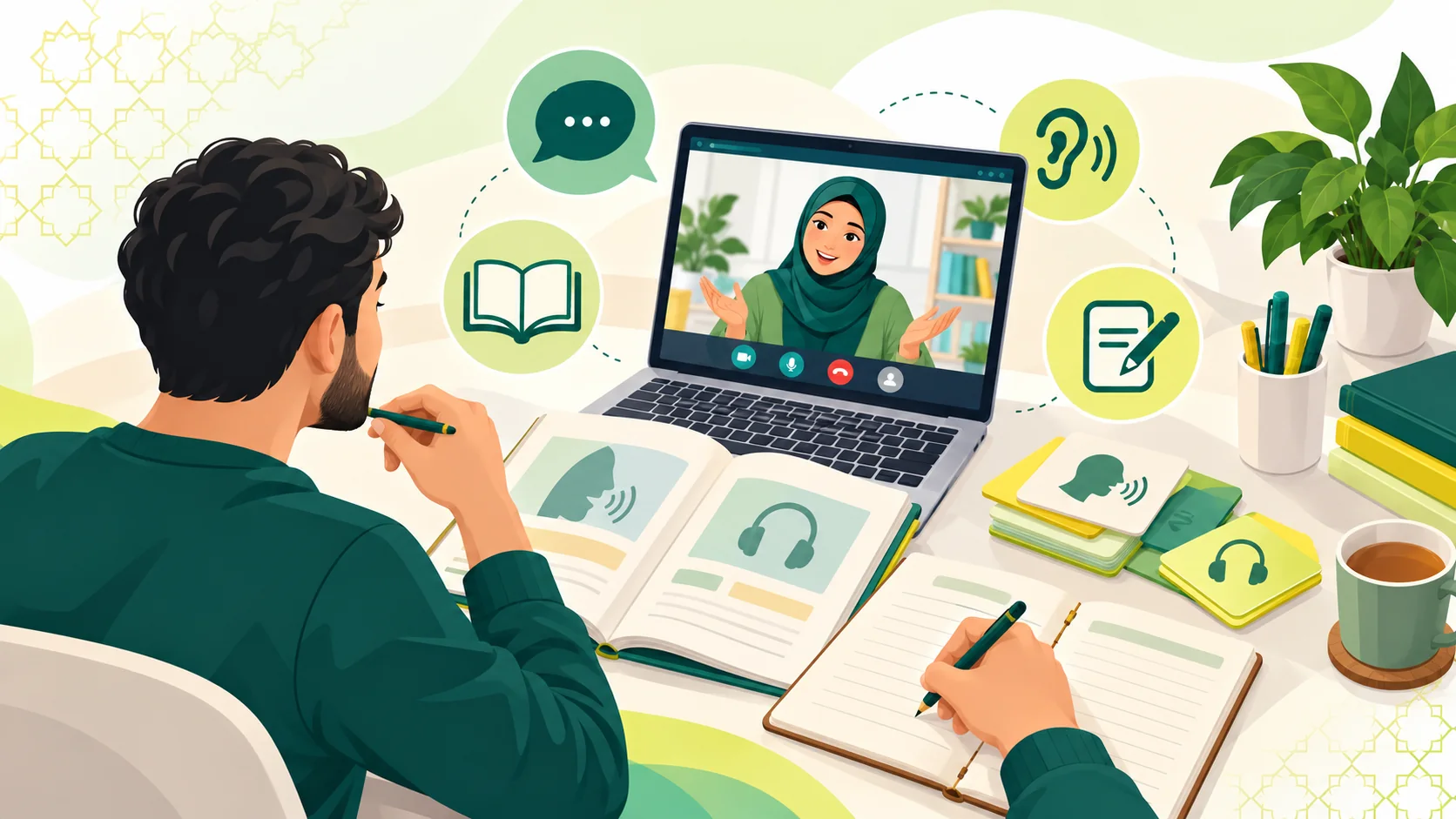 Arabic Language Classes Online in the United States: illustration of an adult learner comparing an online Arabic study plan with a live tutor