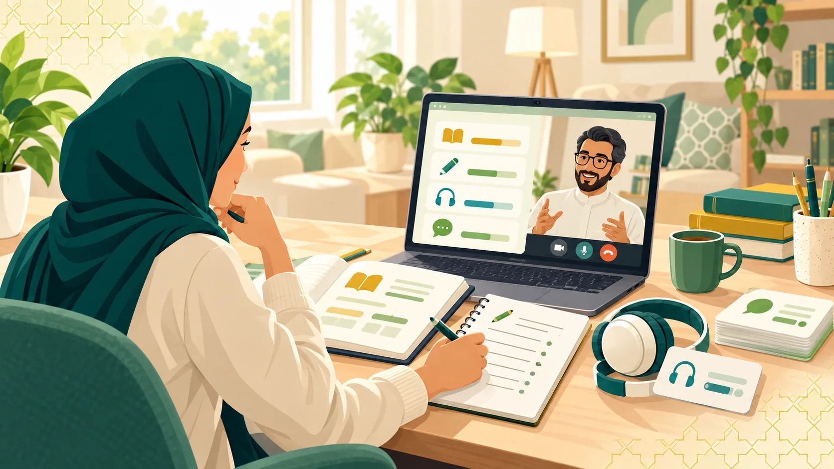 Arabic Language Course Online in the United Kingdom: illustration of an adult learner comparing an online Arabic study plan with a live tutor