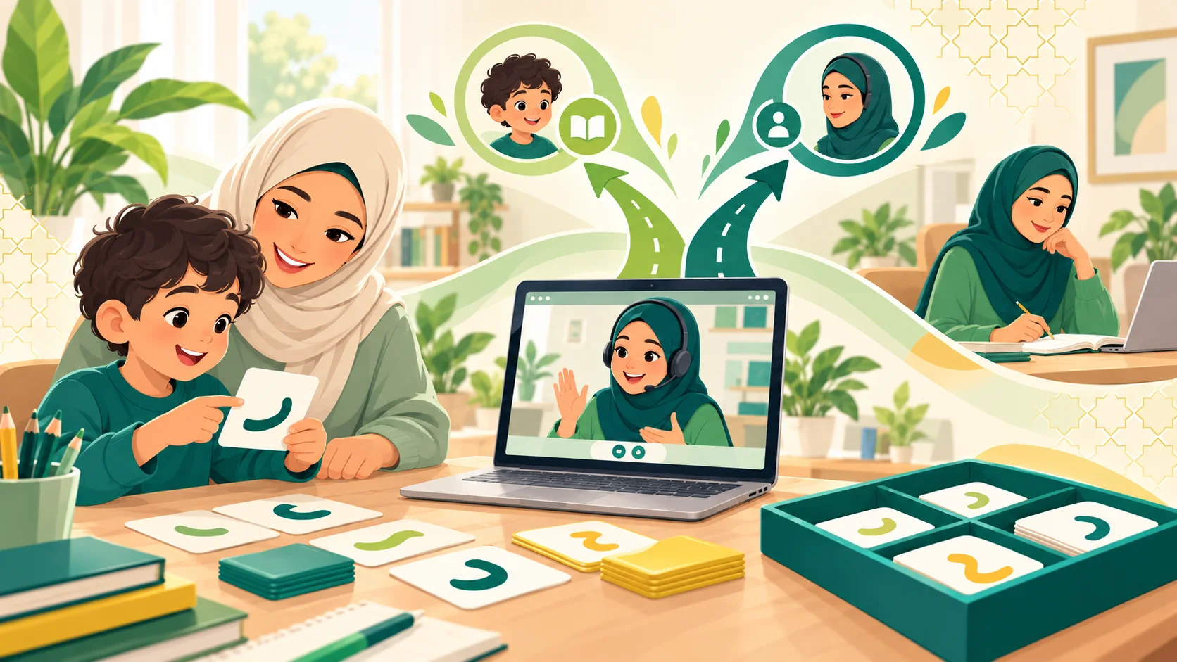 Arabic Learning Academy in the United States: illustration of a child learning Arabic with an age-appropriate activity, parent support and an online tutor