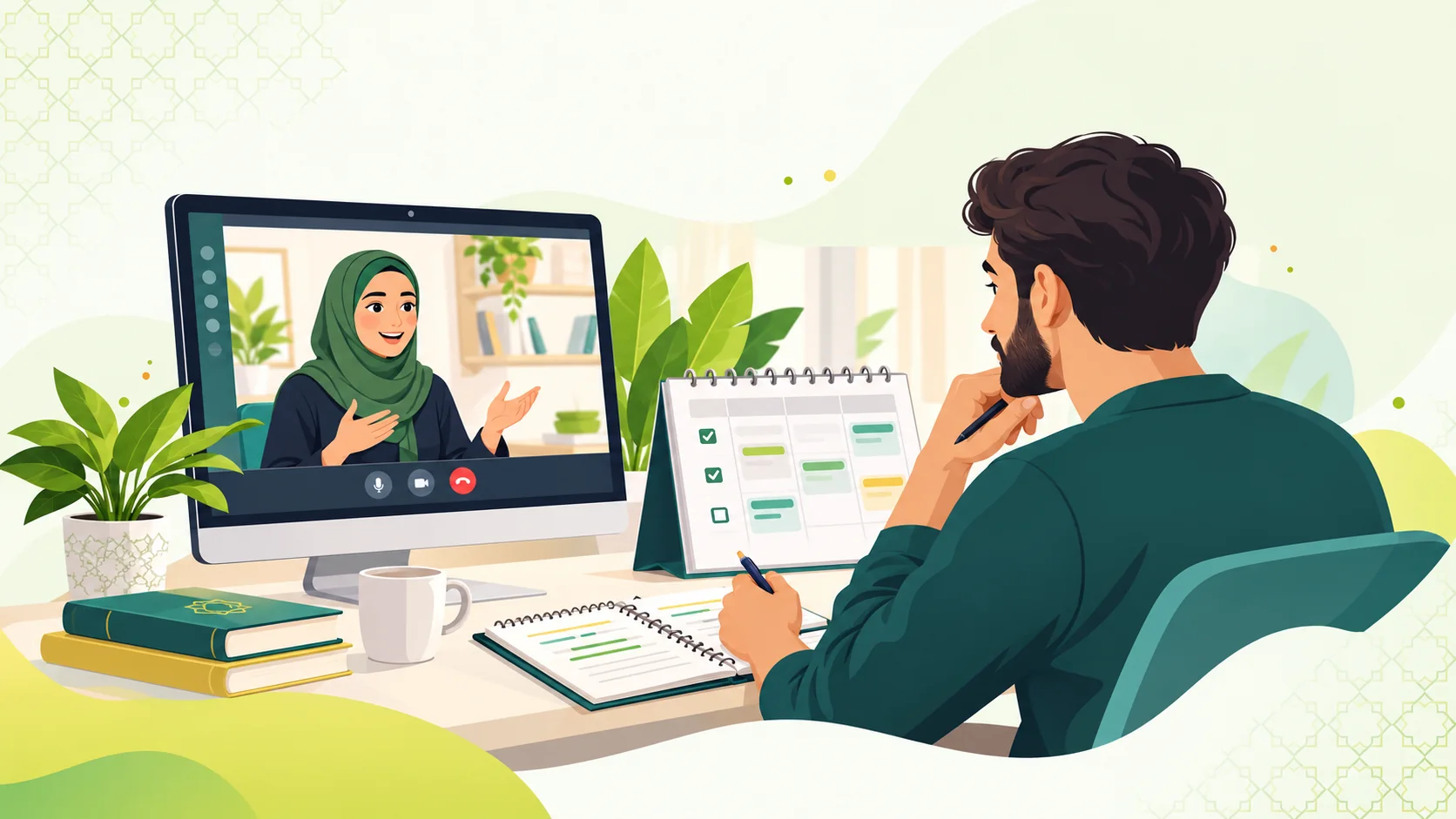 Arabic Lessons Online in the United Kingdom: illustration of an adult learner comparing an online Arabic study plan with a live tutor