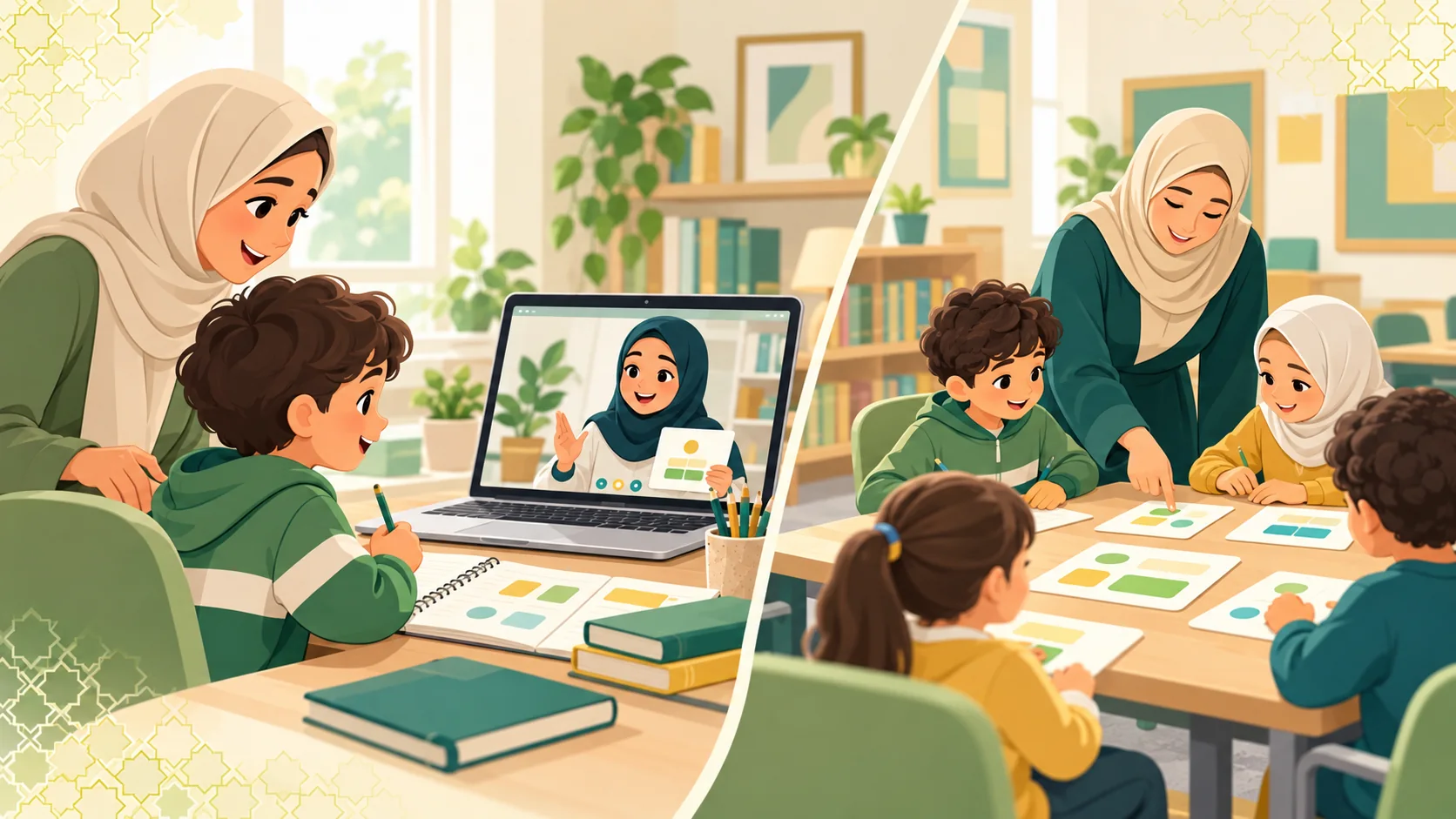 Arabic School For Kids in the United Kingdom: illustration of a child learning Arabic with an age-appropriate activity, parent support and an online tutor