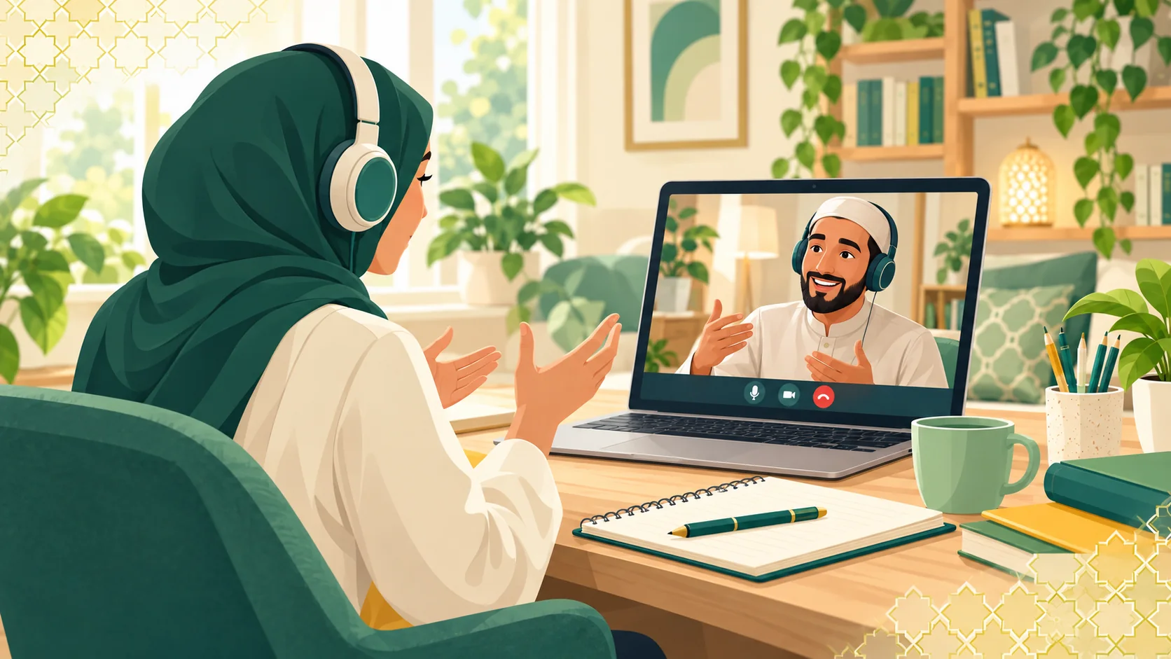Arabic Speaking Course Online in the United Kingdom: illustration of an adult learner practising spoken Arabic in a live online conversation