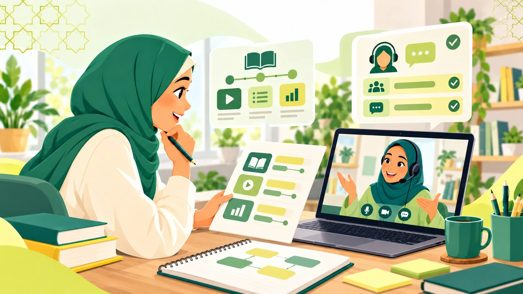 Best Arabic Language Course Online in the United States: illustration of an adult learner comparing an online Arabic study plan with a live tutor