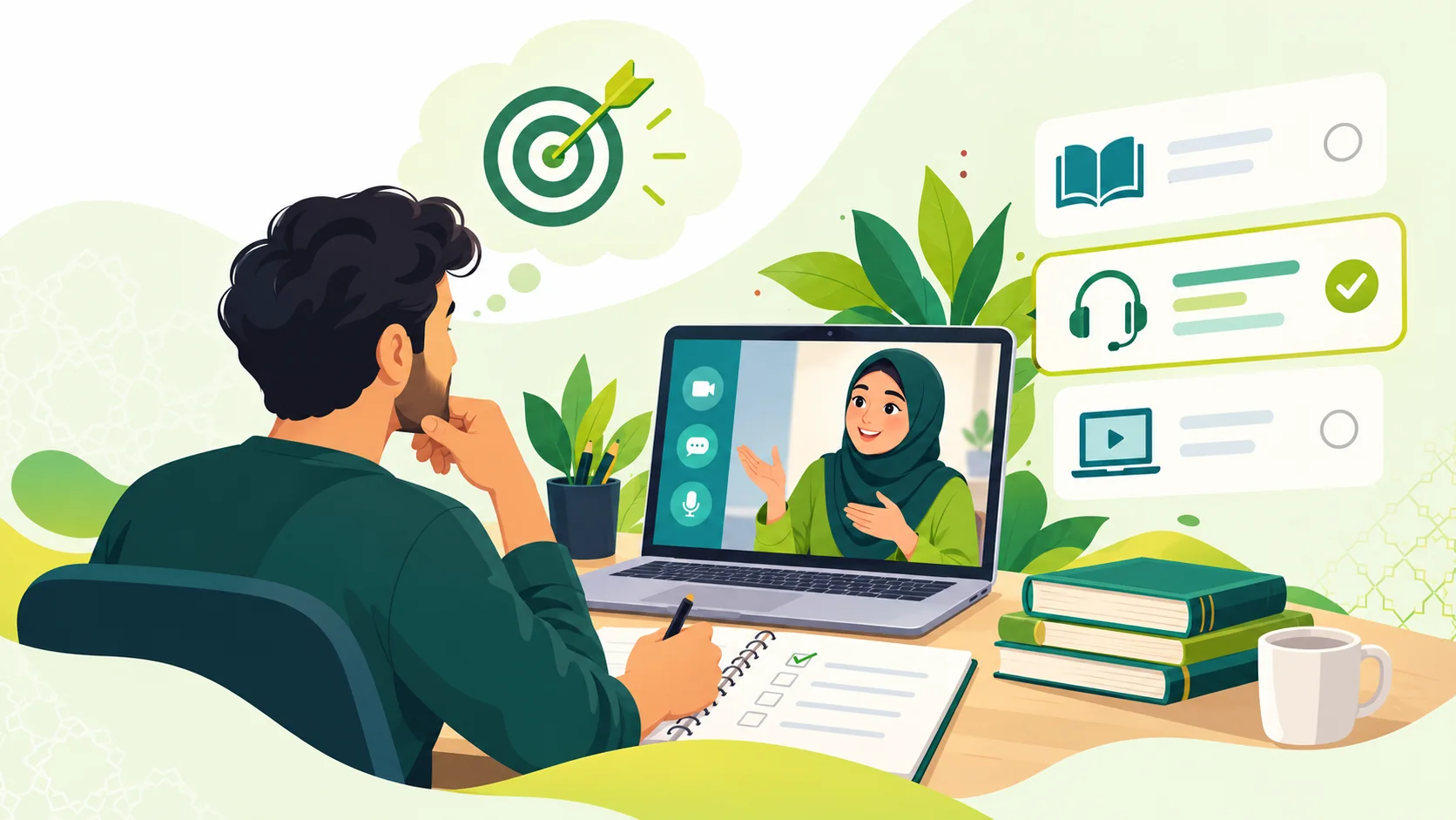 Best Arabic Language Course in the United States: illustration of an adult learner comparing an online Arabic study plan with a live tutor