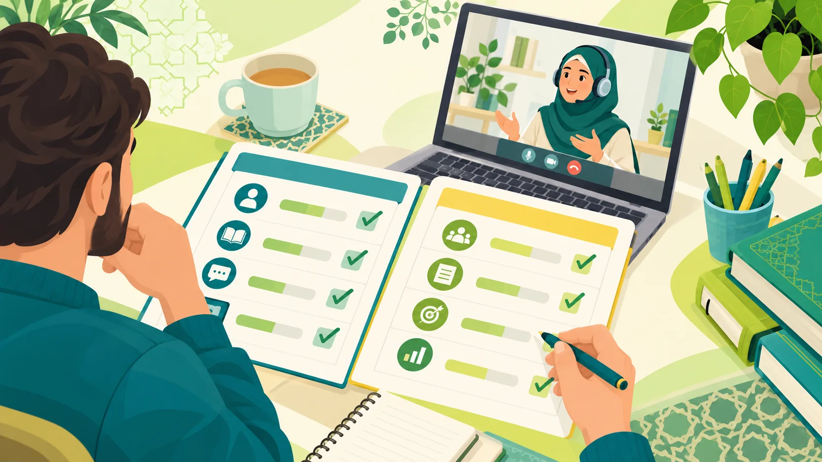 Best Online Arabic Course in the United Kingdom: illustration of an adult learner comparing an online Arabic study plan with a live tutor
