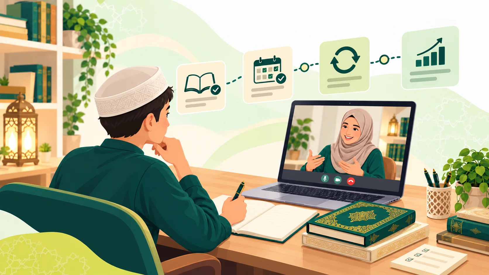Best Online Hifz Program in the United States: illustration of a learner reviewing a Quran memorization and revision plan with a tutor