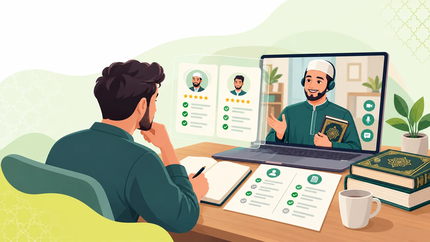 Best Online Quran Academy in the United States: illustration of a learner and tutor discussing the right online Quran course and next learning step