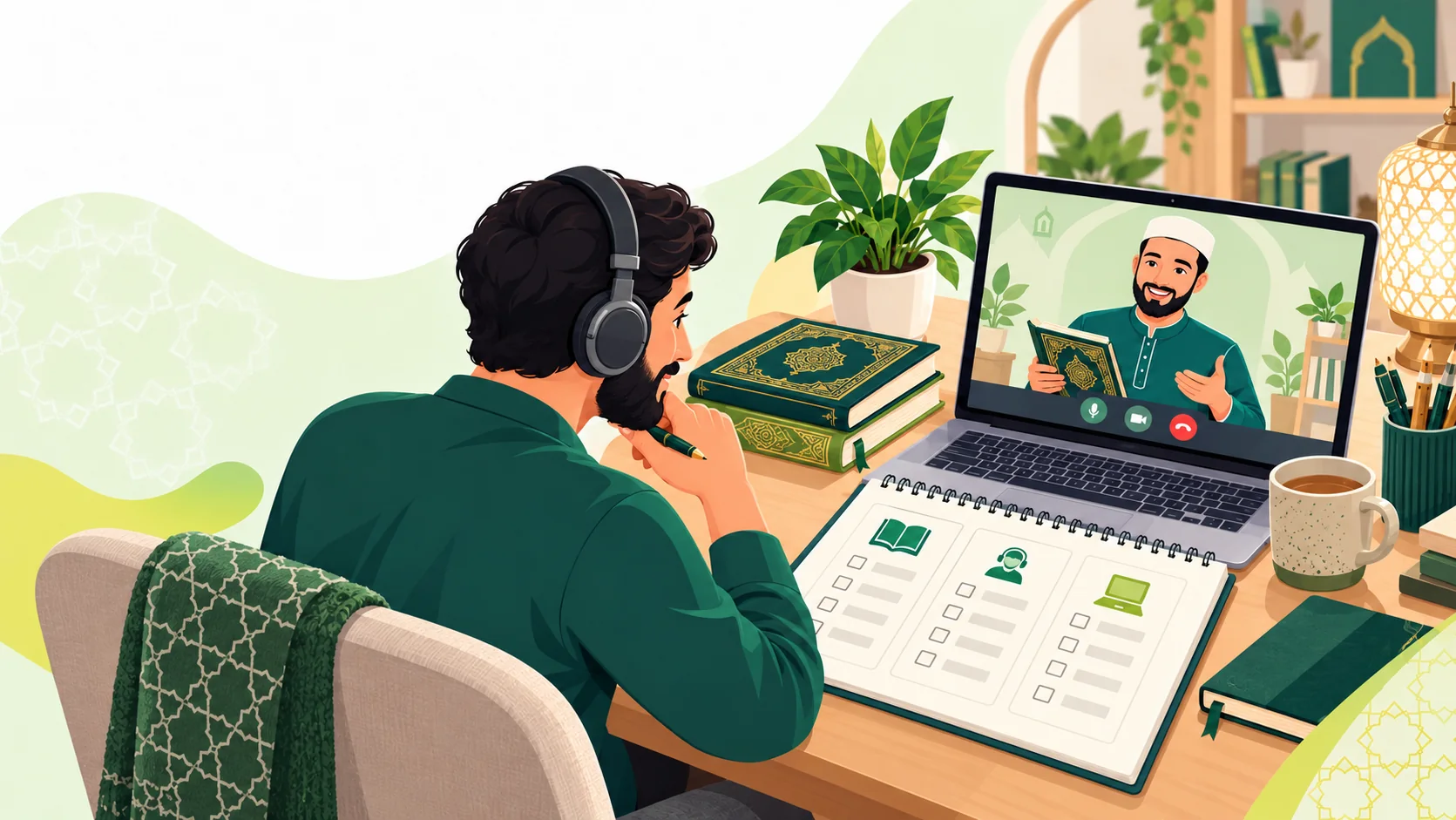 Best Online Quran Classes in the United Kingdom: illustration of a learner building Quran reading foundations in a guided online lesson