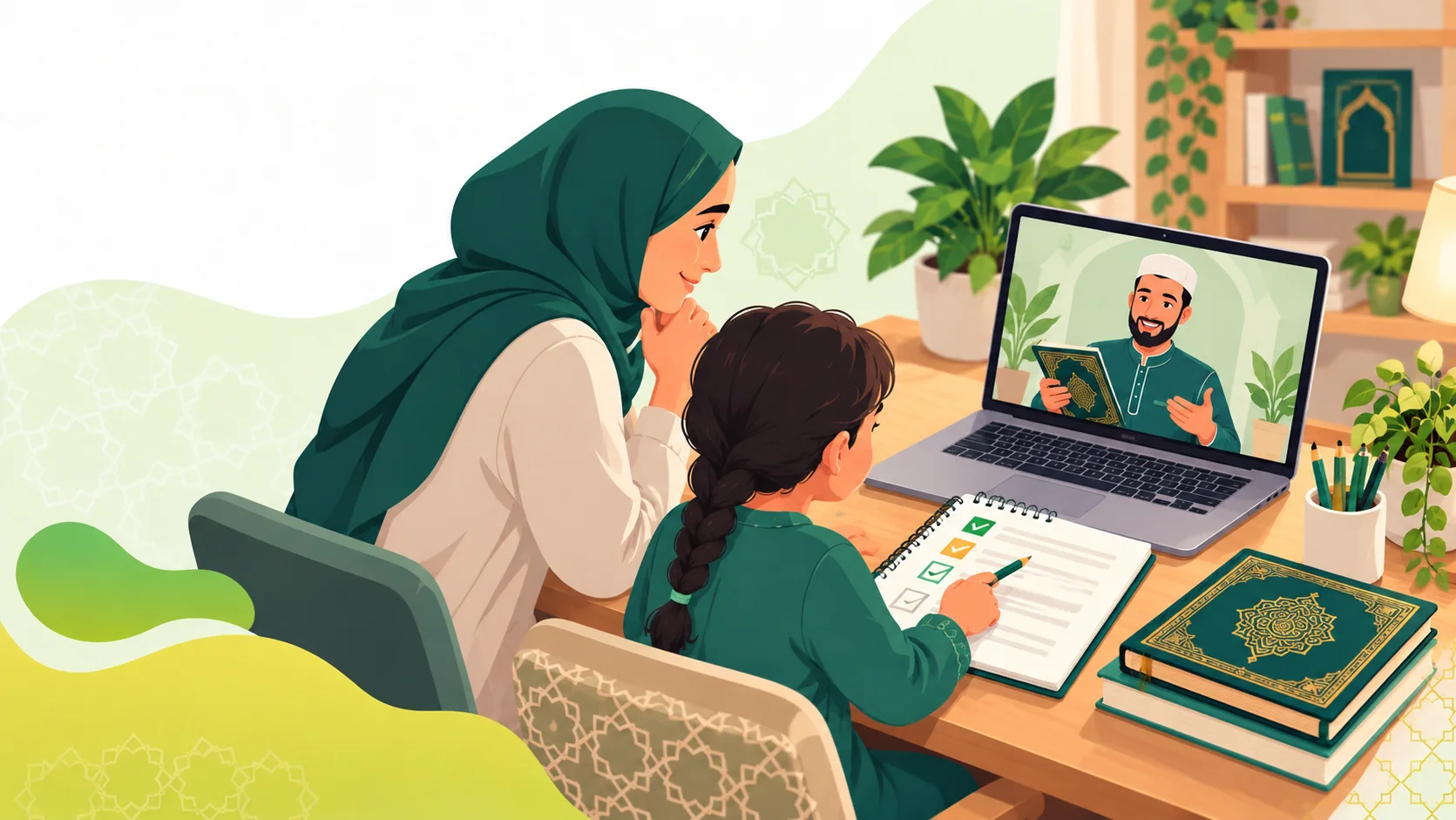 Best Online Quran Classes For Kids in the United Kingdom: illustration of a child practising Quran reading with parent support and an online Quran tutor
