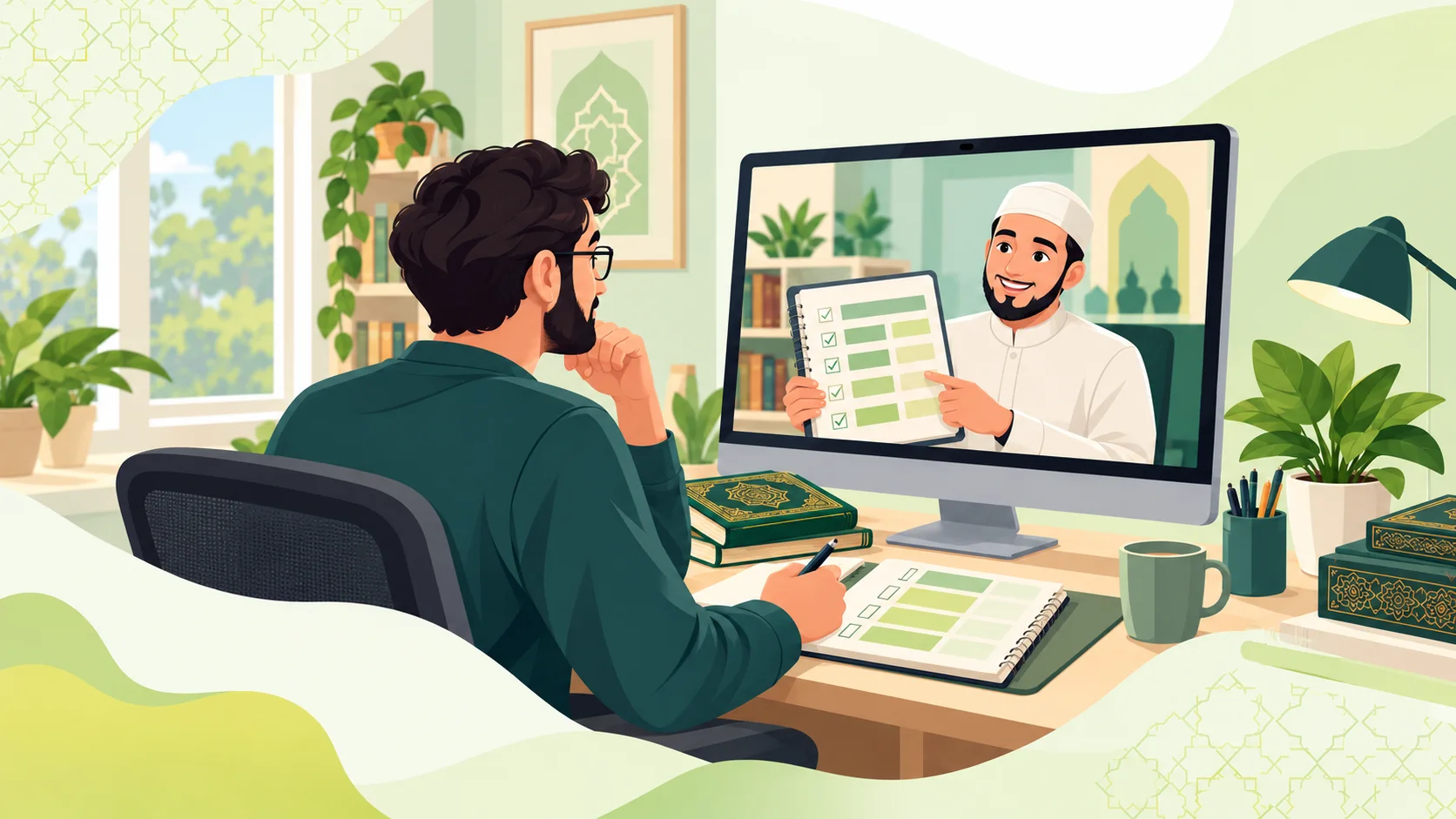 Hifz Course in the United States: illustration of a learner reviewing a Quran memorization and revision plan with a tutor