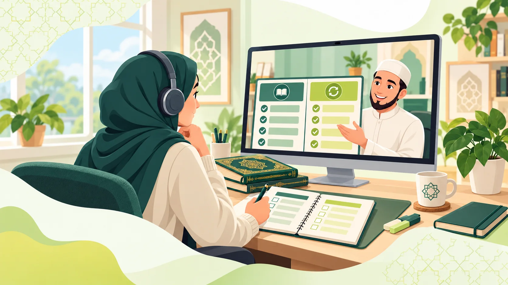 Hifz Programs in the United States: illustration of a learner reviewing a Quran memorization and revision plan with a tutor
