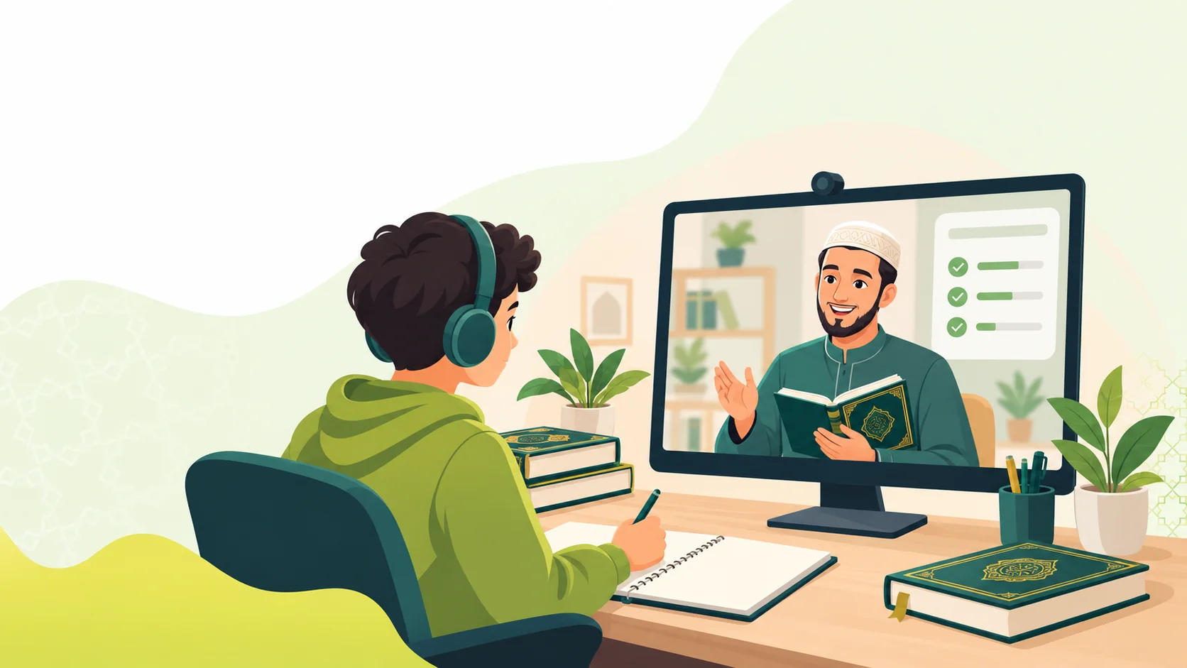 Hifz Quran Class in the United States: illustration of a learner reviewing a Quran memorization and revision plan with a tutor