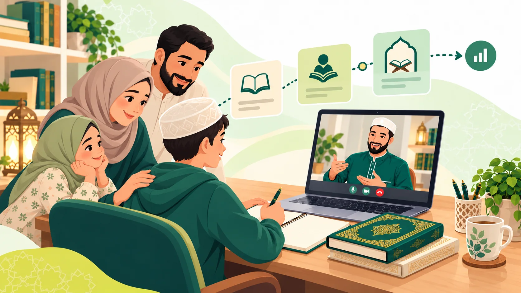 Hifz Quran Classes in the United States: illustration of a learner reviewing a Quran memorization and revision plan with a tutor