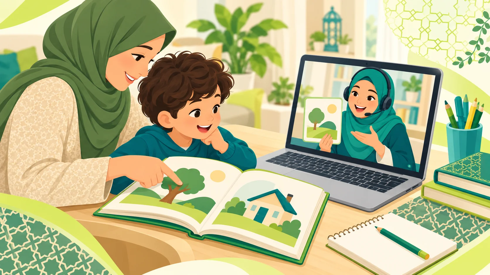 Kids Arabic Classes in the United States: illustration of a child learning Arabic with an age-appropriate activity, parent support and an online tutor