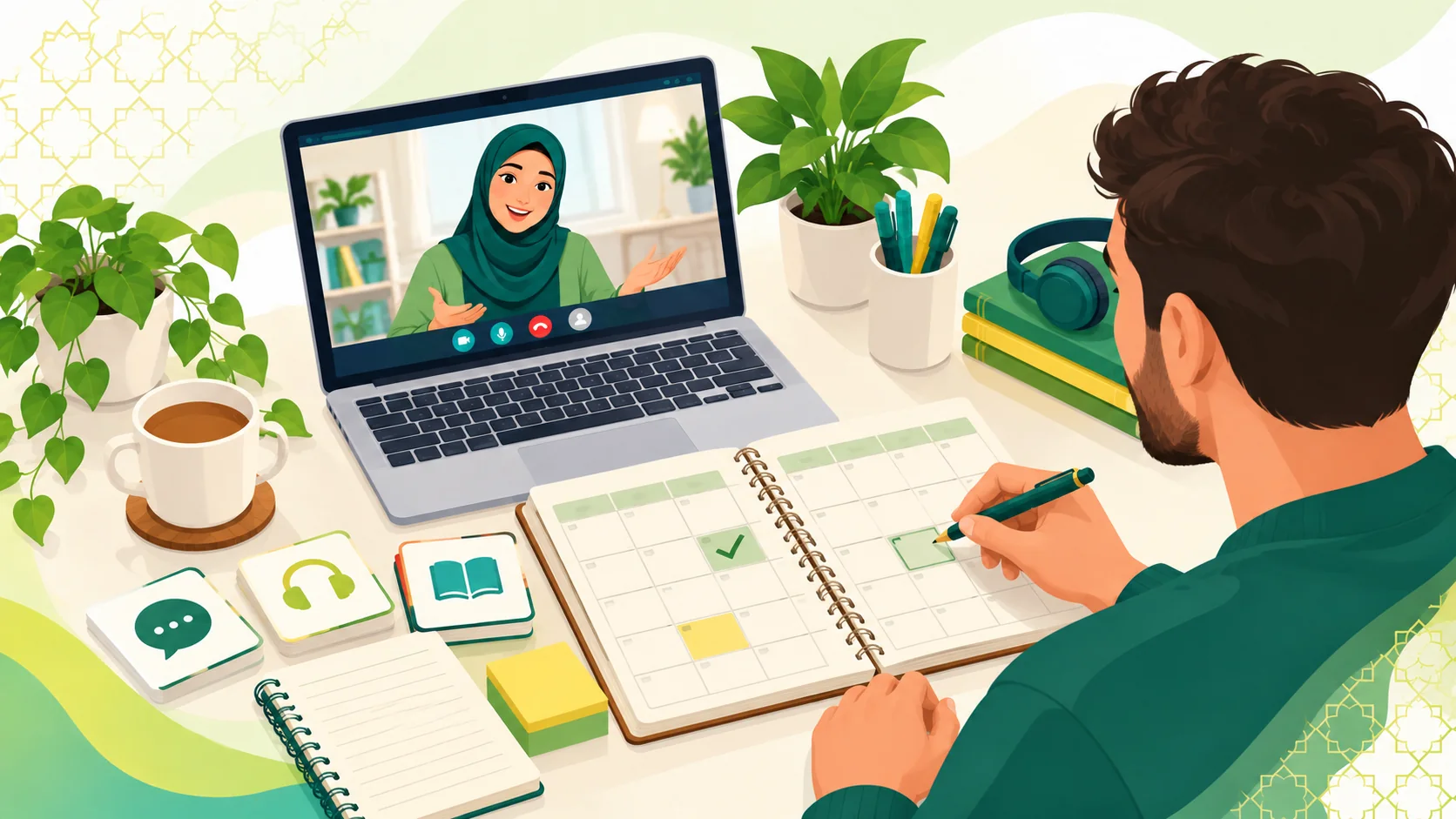 Learn Arabic For Beginners Online in the United States: illustration of a beginner learner building Arabic script and language foundations with a tutor