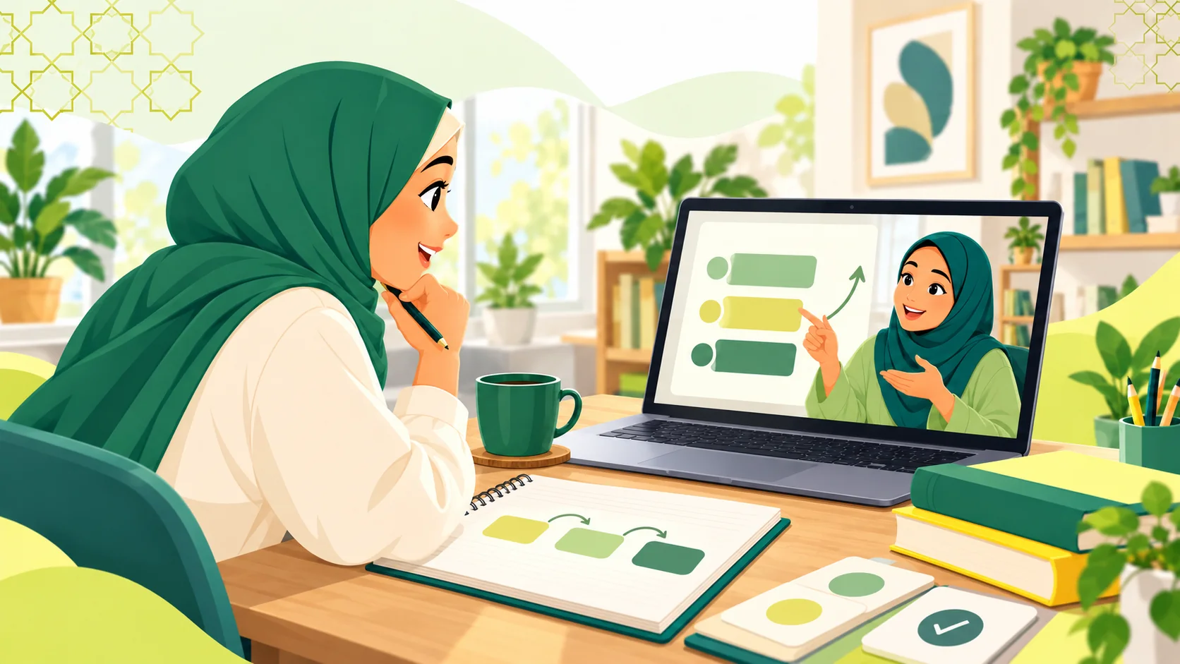Learn Arabic For Non Native Speakers in the United States: illustration of an adult learner comparing an online Arabic study plan with a live tutor