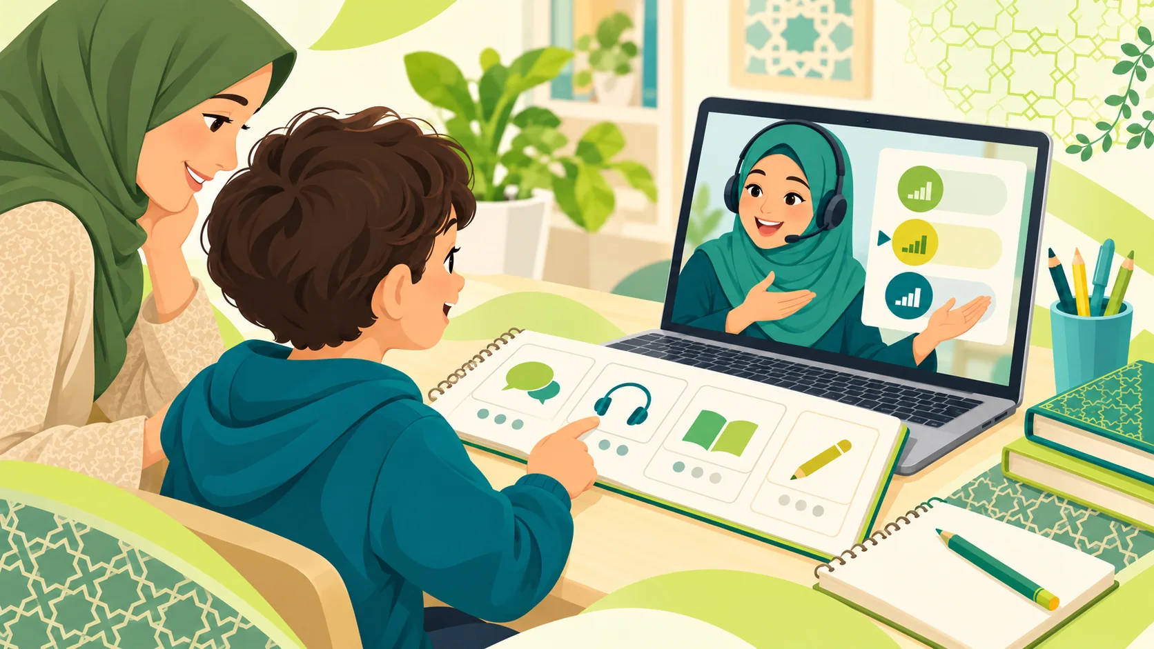 Learn Arabic Online For Children in the United States: illustration of a child learning Arabic with an age-appropriate activity, parent support and an online tutor