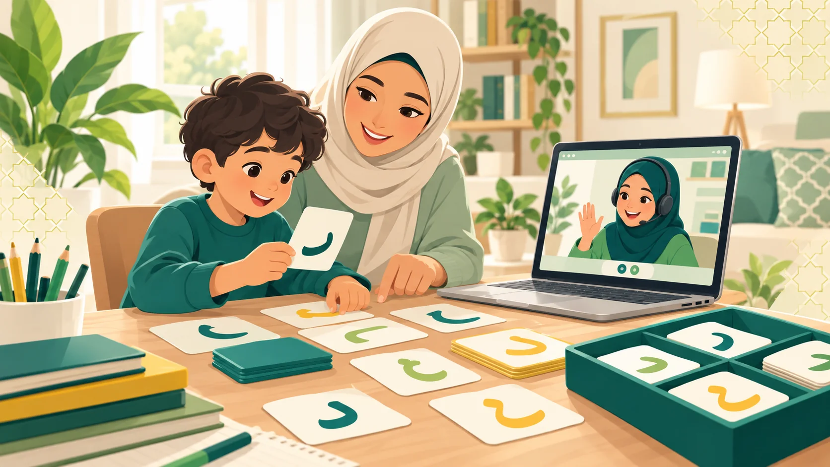 Learn Arabic Online For Kids in the United Kingdom: illustration of a child learning Arabic with an age-appropriate activity, parent support and an online tutor