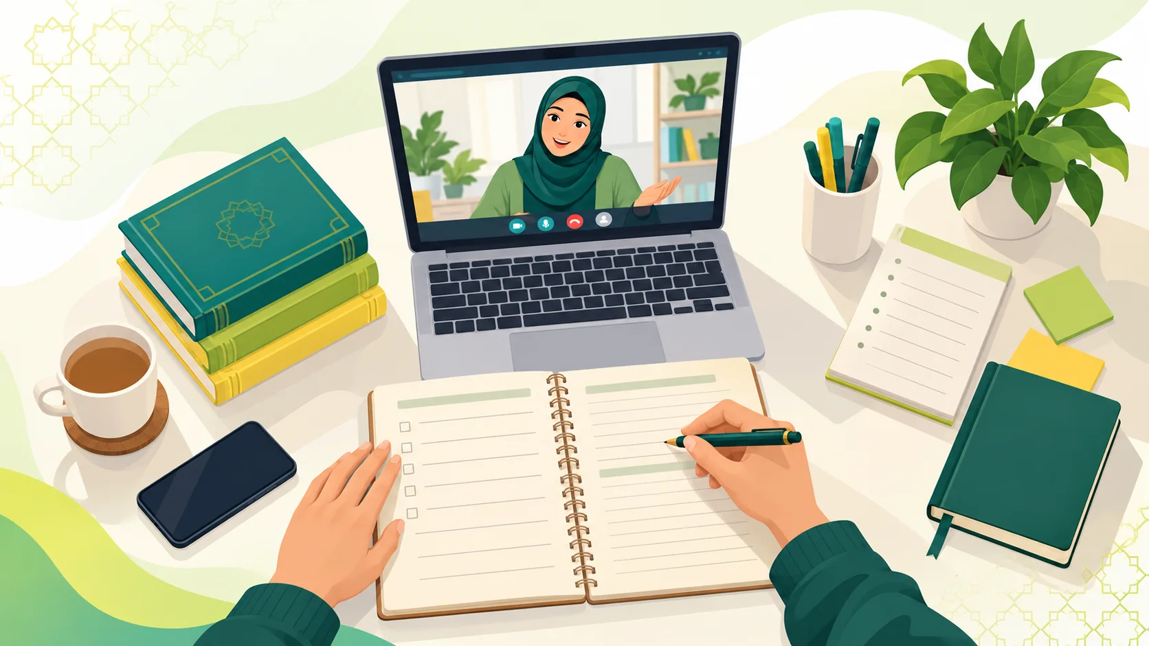 Learn Arabic Online in the United Kingdom: illustration of a beginner learner building Arabic script and language foundations with a tutor