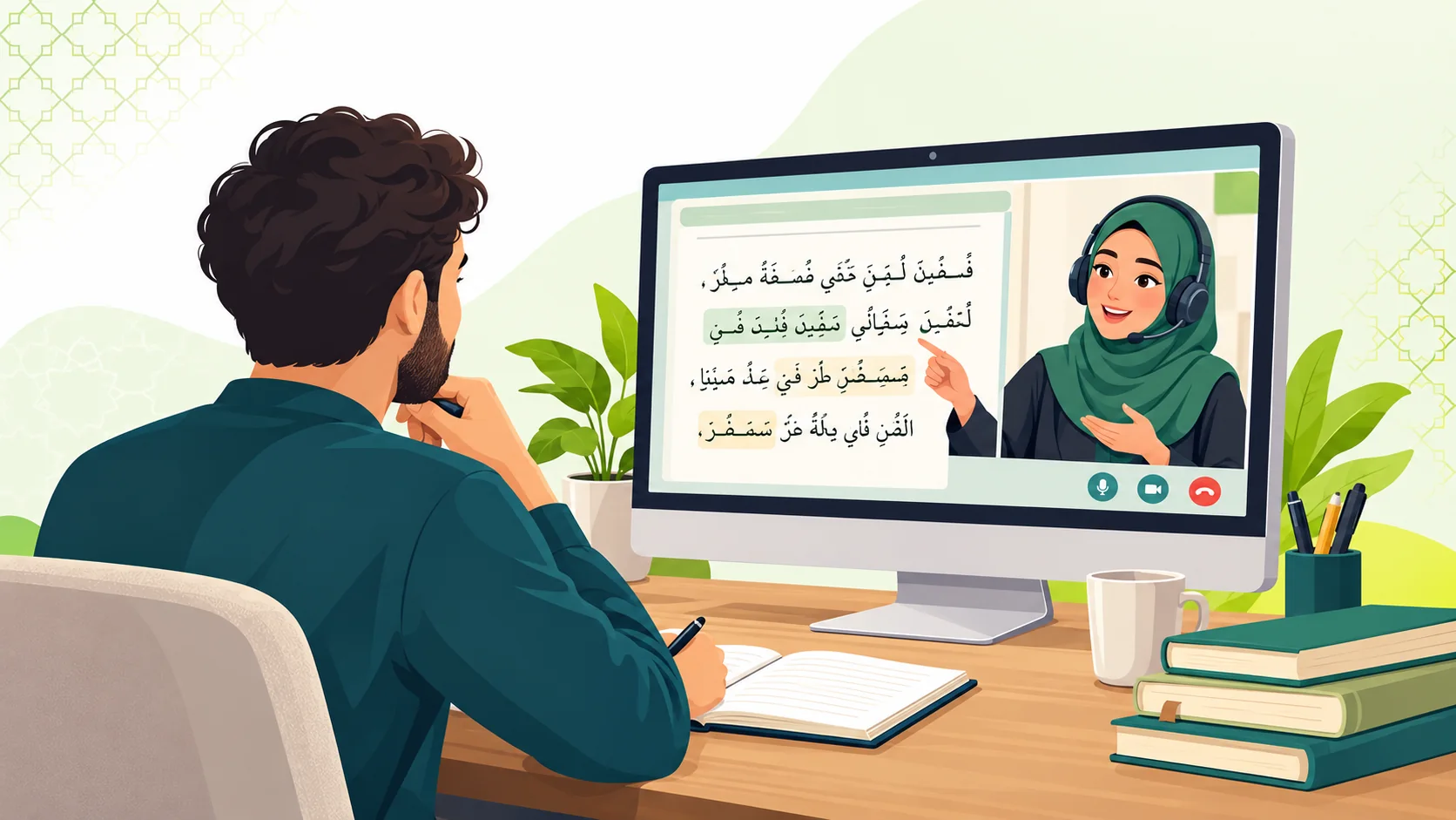 Learn Arabic Reading Online in the United Kingdom: illustration of a learner reading connected Arabic text with careful online tutor guidance