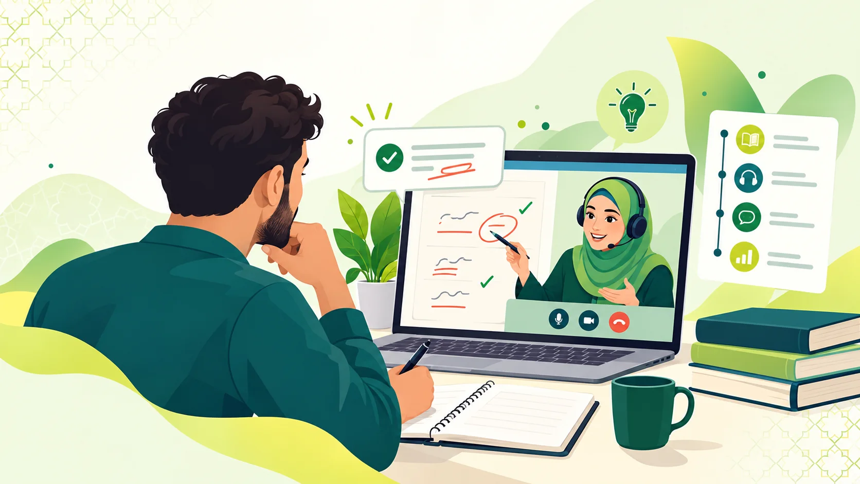 Learn Arabic With A Tutor Online in the United States: illustration of an adult learner comparing an online Arabic study plan with a live tutor