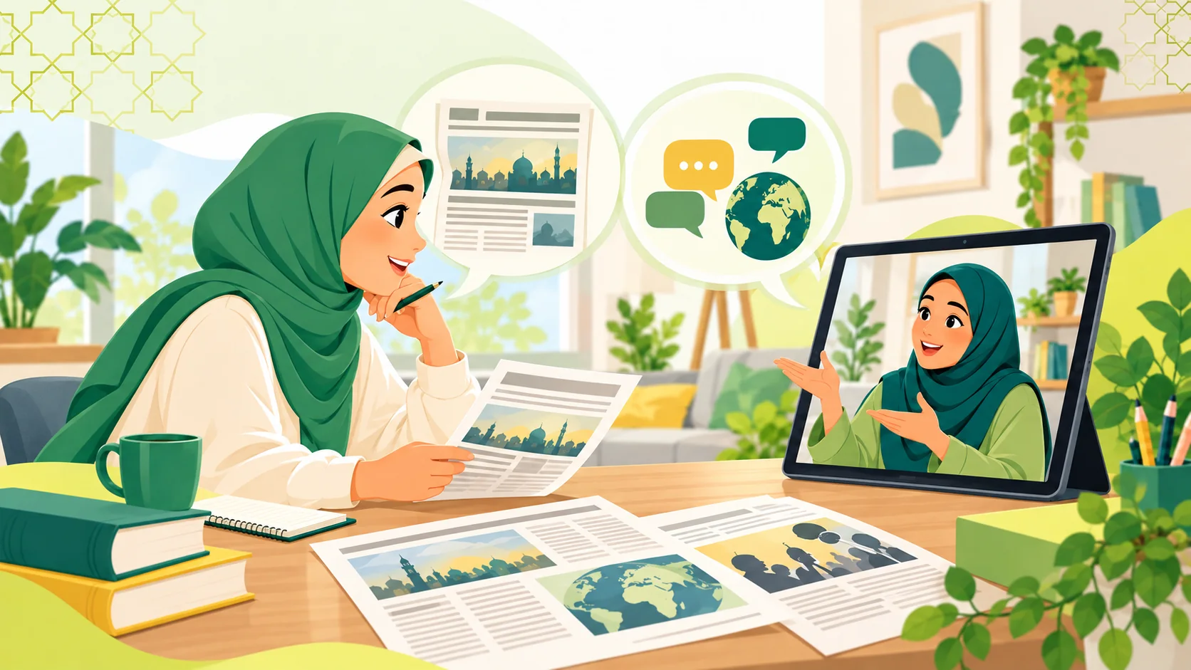 Learn Modern Standard Arabic Online in the United Kingdom: illustration of an adult learner studying Modern Standard Arabic reading and speaking with a tutor