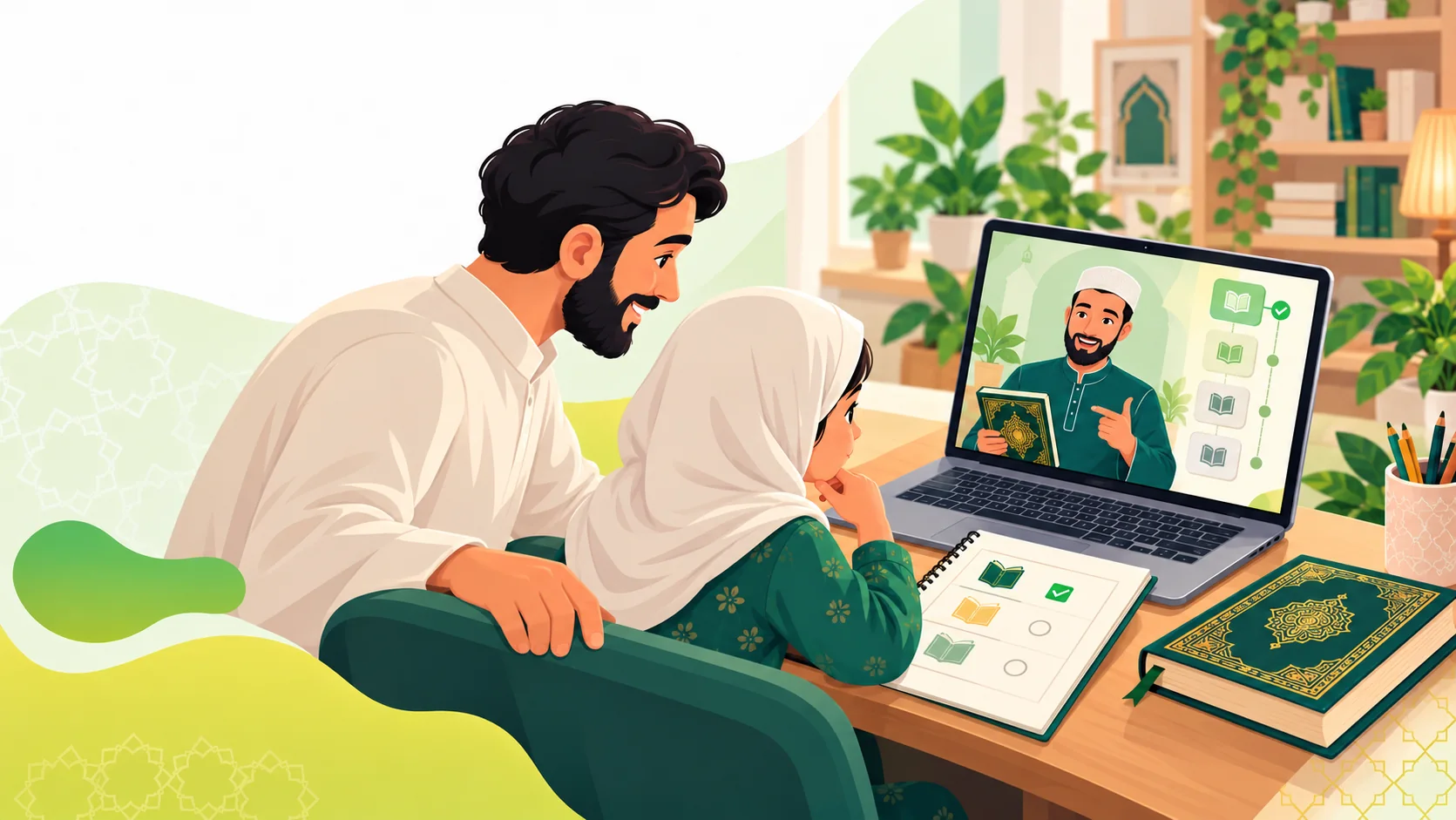 Learn Quran Online For Kids in the United Kingdom: illustration of a child practising Quran reading with parent support and an online Quran tutor