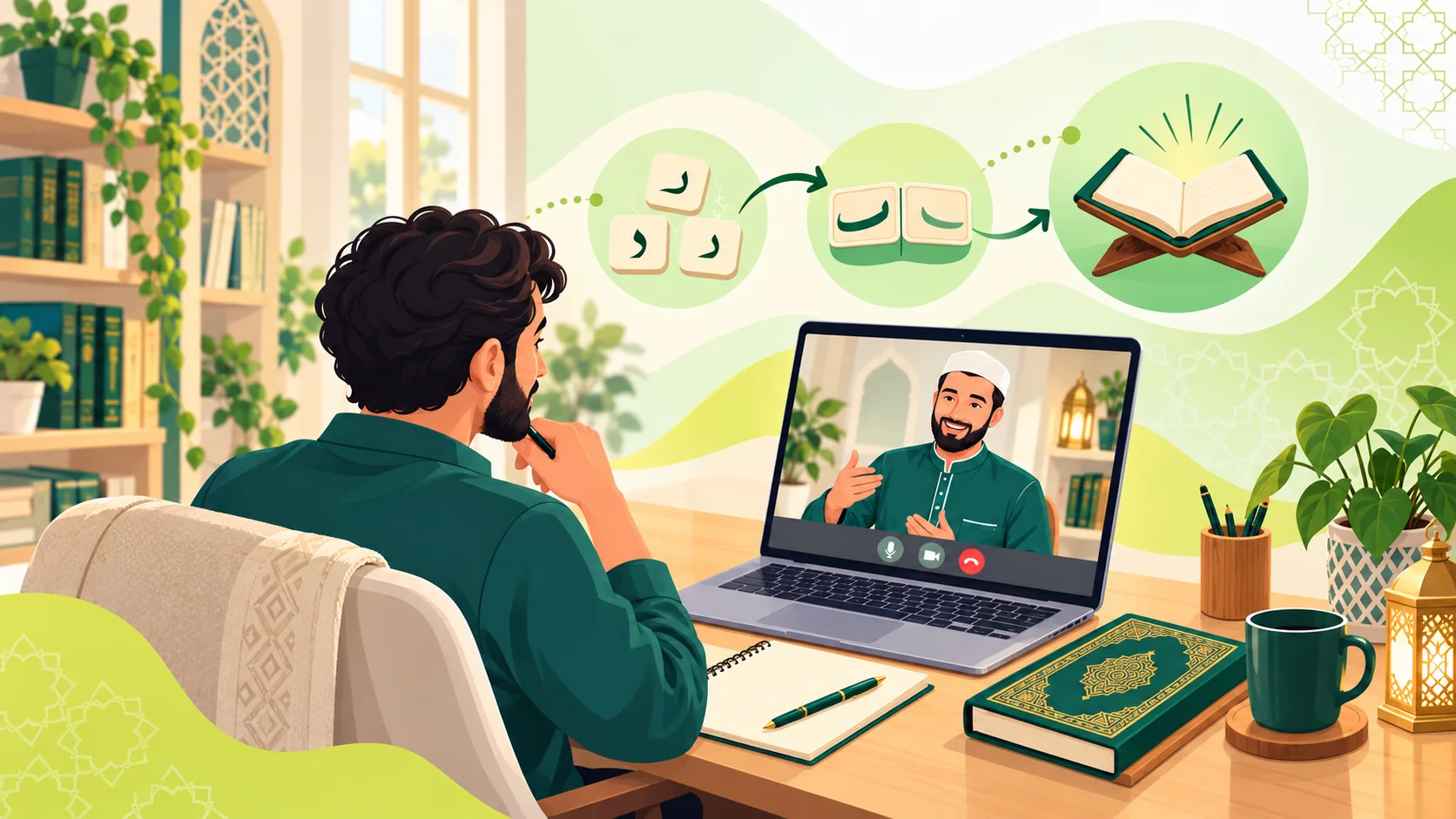 Learn Quran Reading in the United Kingdom: illustration of a learner building Quran reading foundations in a guided online lesson