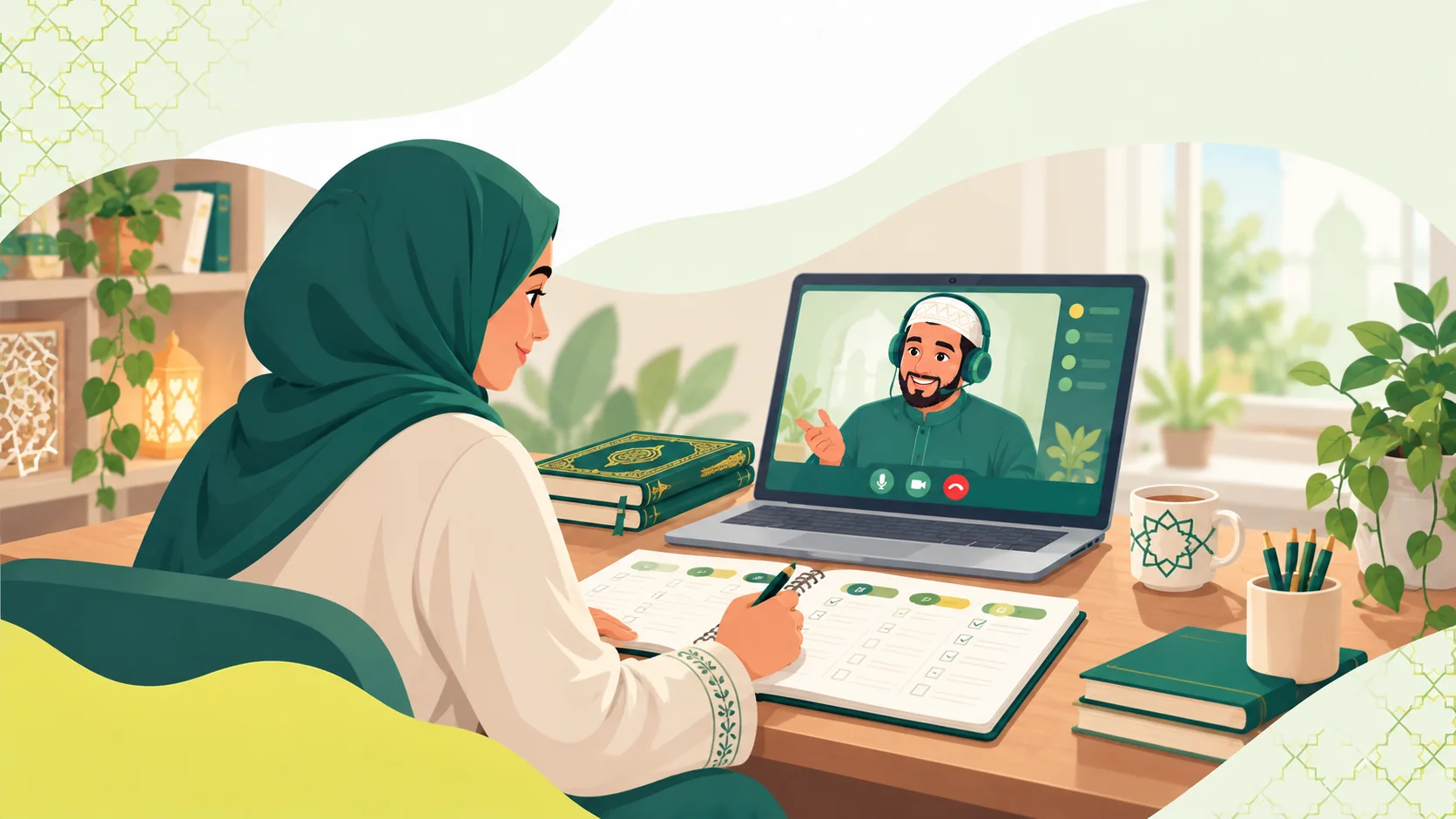 Learn To Read Quran in the United Kingdom: illustration of a learner building Quran reading foundations in a guided online lesson