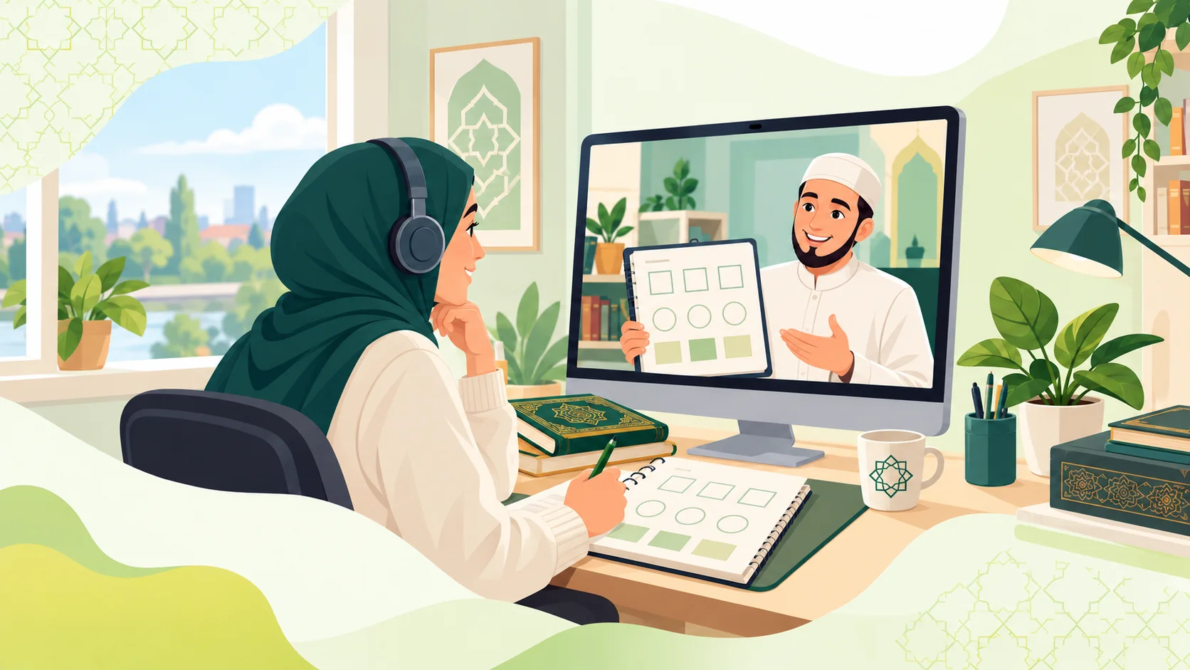 Learn To Read The Quran in the United States: illustration of a learner building Quran reading foundations in a guided online lesson