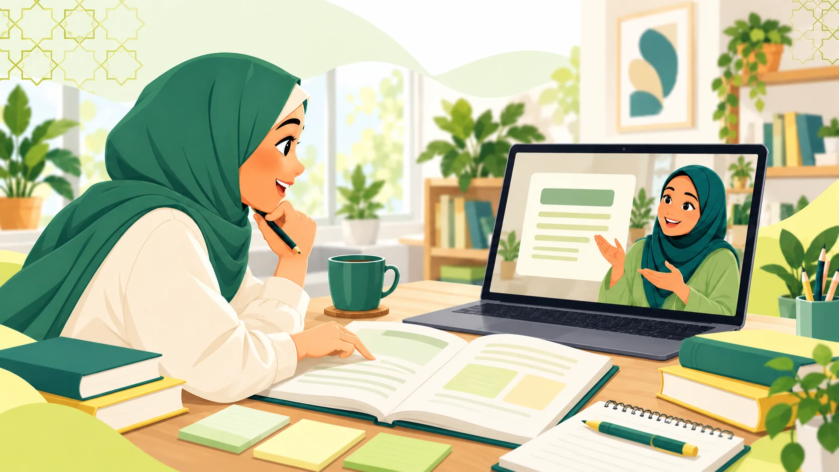 Modern Standard Arabic Classes Online in the United States: illustration of an adult learner studying Modern Standard Arabic reading and speaking with a tutor