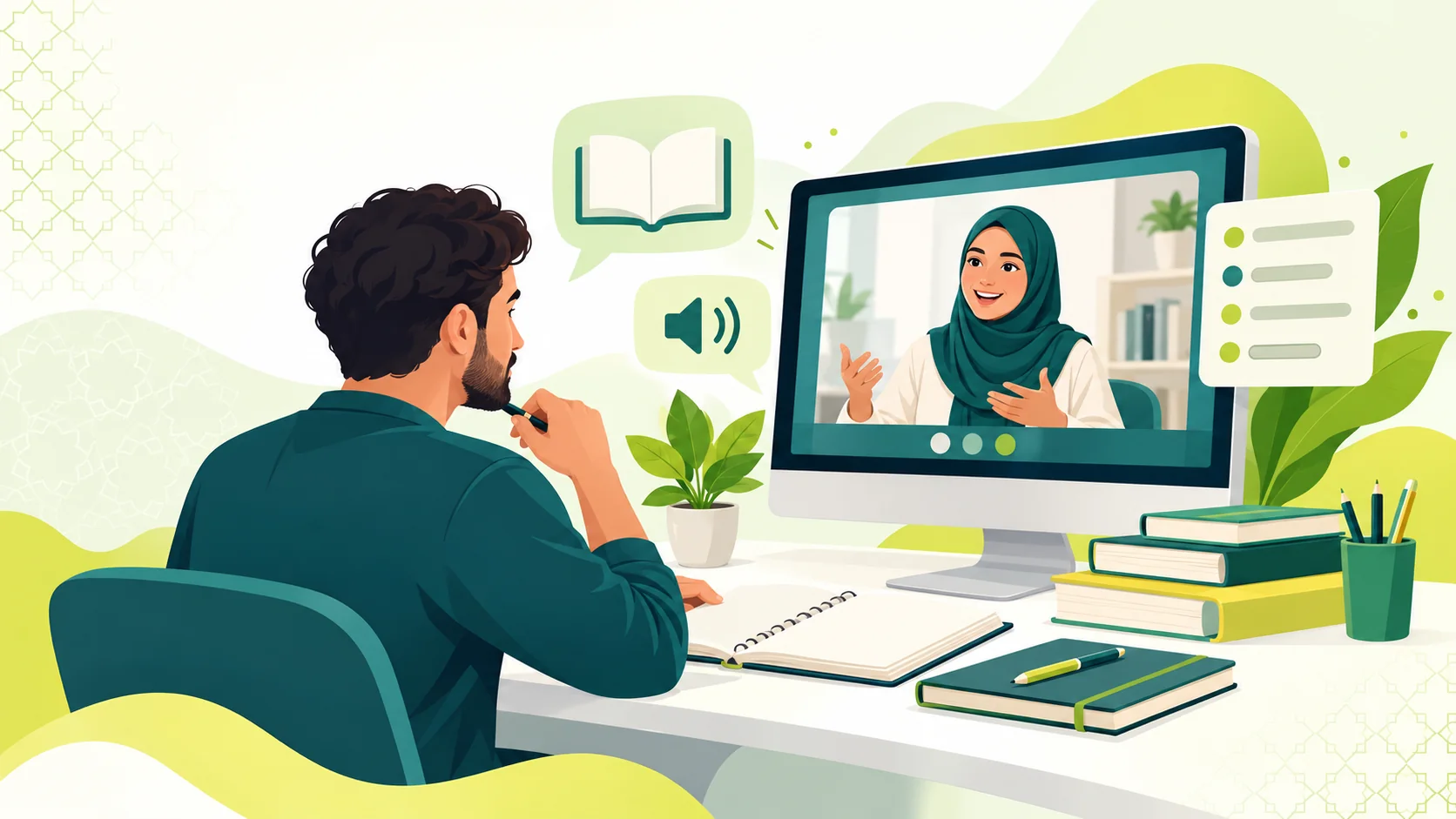 Modern Standard Arabic Course Online in the United States: illustration of an adult learner studying Modern Standard Arabic reading and speaking with a tutor
