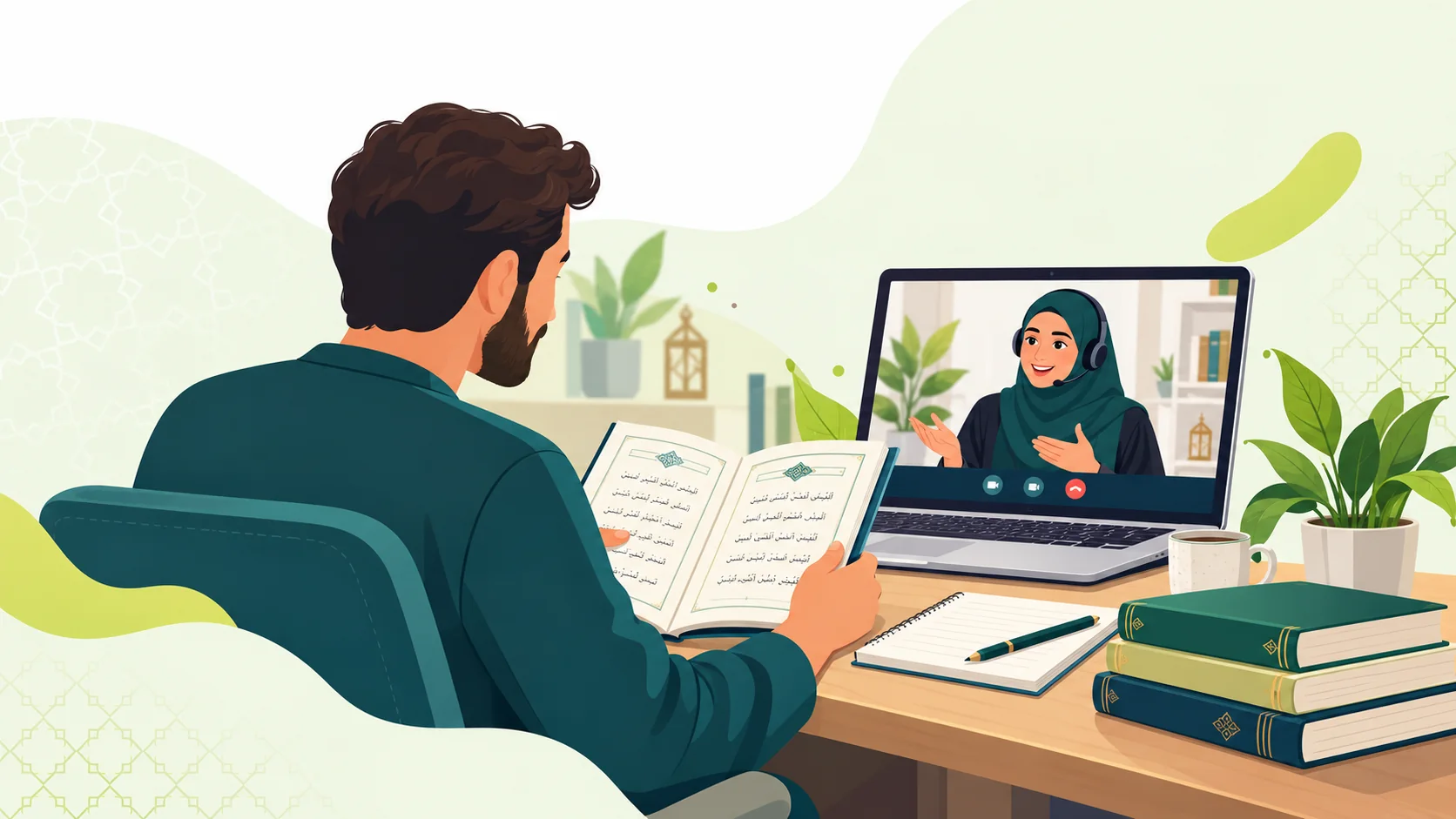 Modern Standard Arabic Course in the United Kingdom: illustration of an adult learner studying Modern Standard Arabic reading and speaking with a tutor