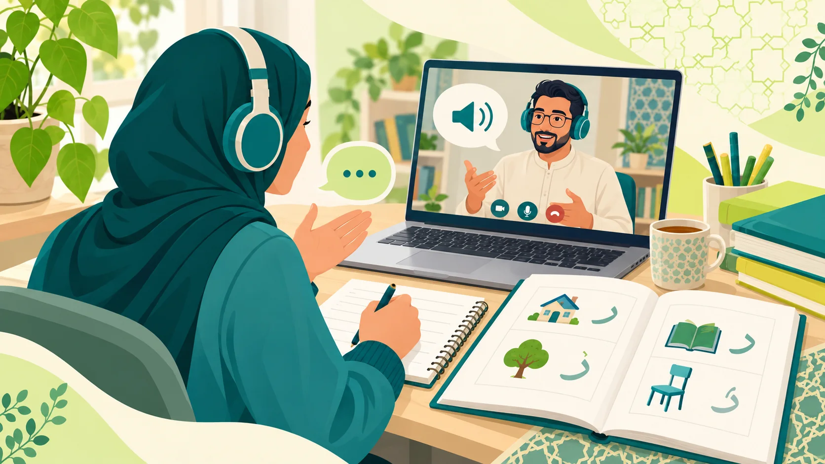 Modern Standard Arabic Online in the United Kingdom: illustration of an adult learner studying Modern Standard Arabic reading and speaking with a tutor